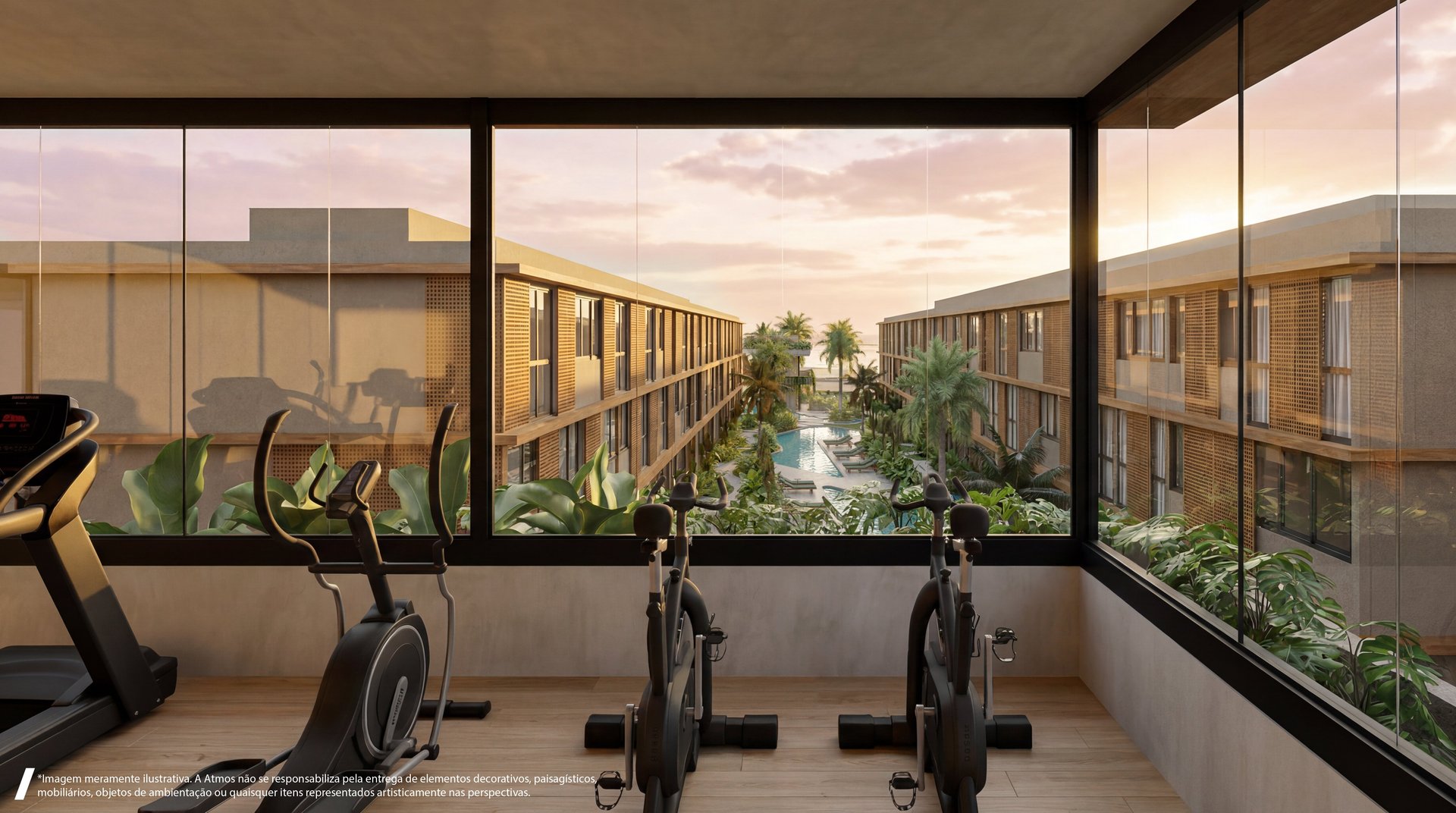 Academia com vista panorâmica para a piscina e jardins do condomínio