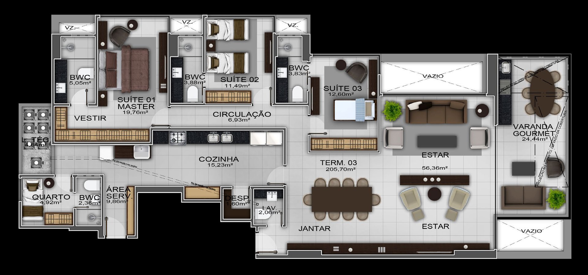 Planta Term. 03, 205,70 m², três suítes