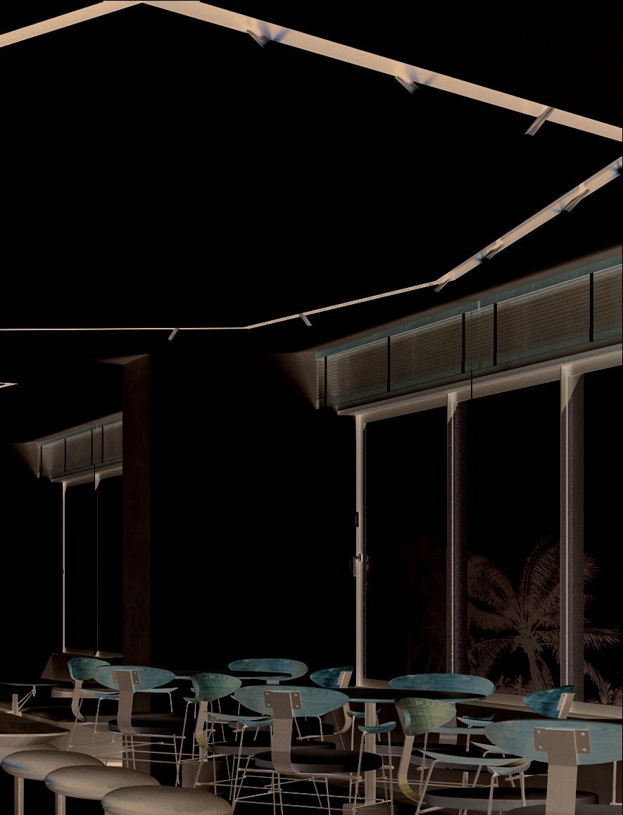 Eating space com mesas e cadeiras