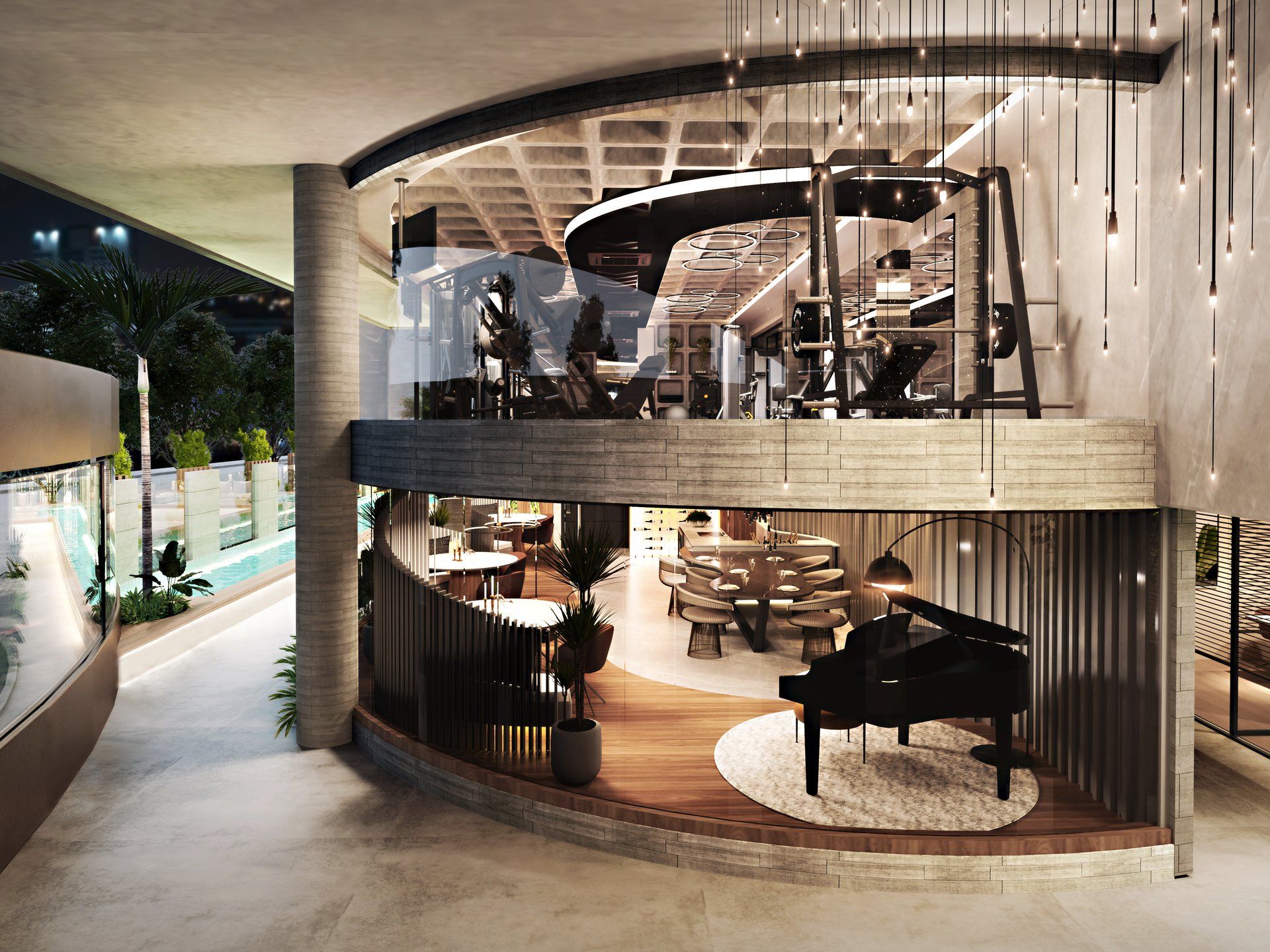 Área de lazer duplex com lounge, piano de cauda e academia envidraçada