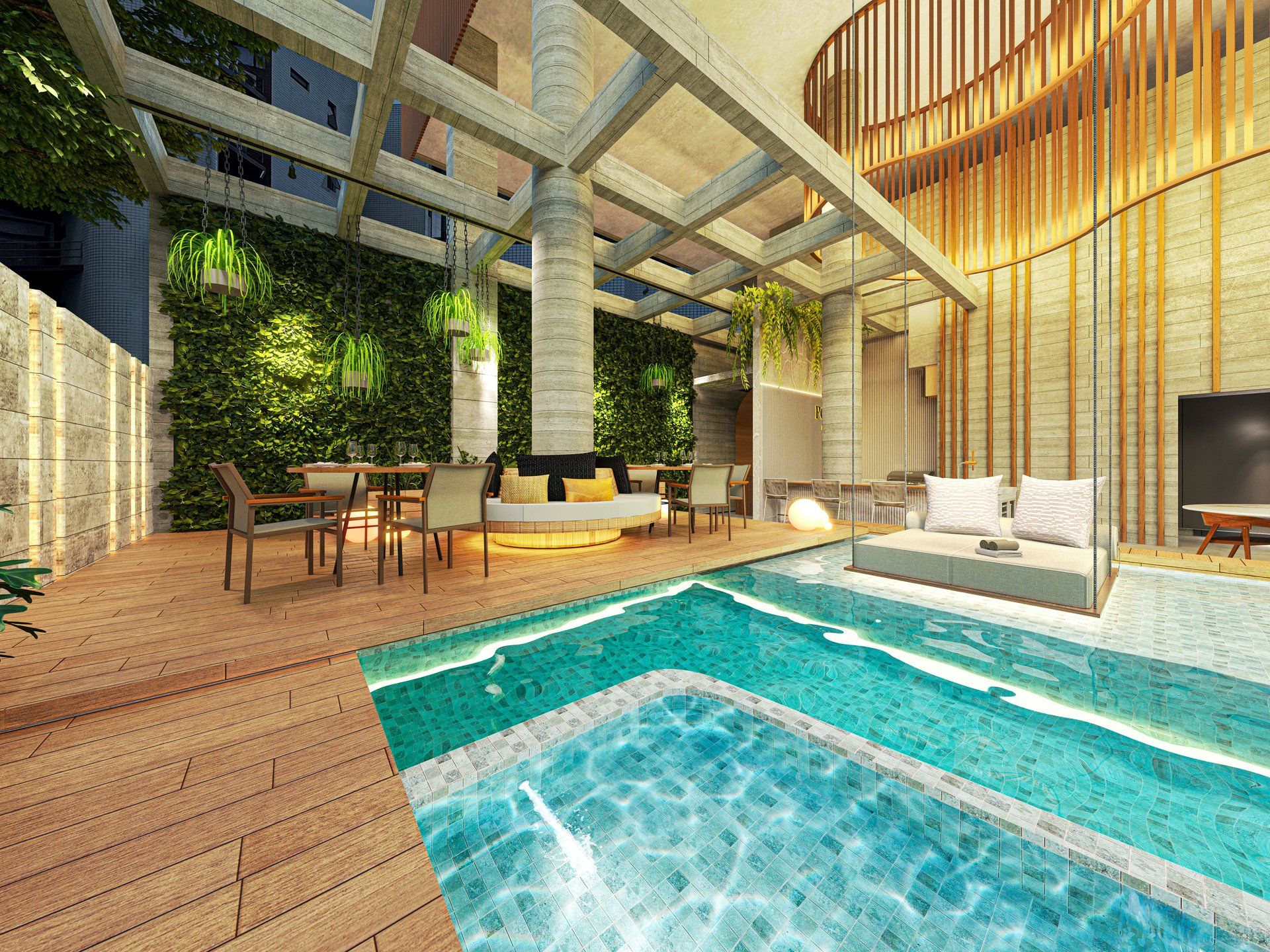 Área da piscina com deck em madeira, jardim vertical e lounge