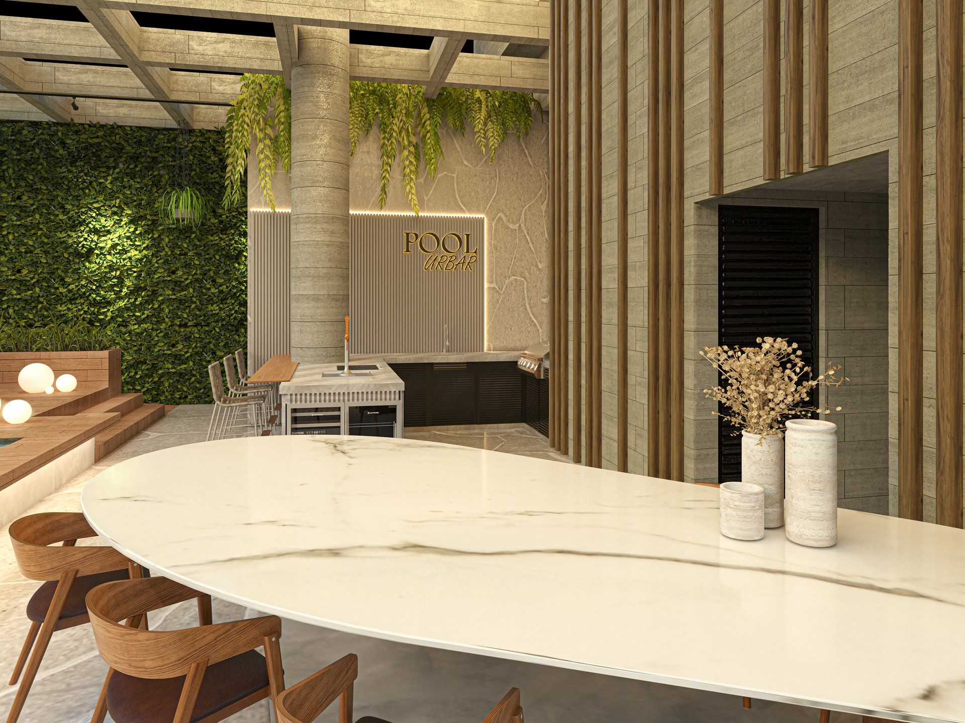 Pool bar com bancada em mármore, jardim vertical e área de convivência