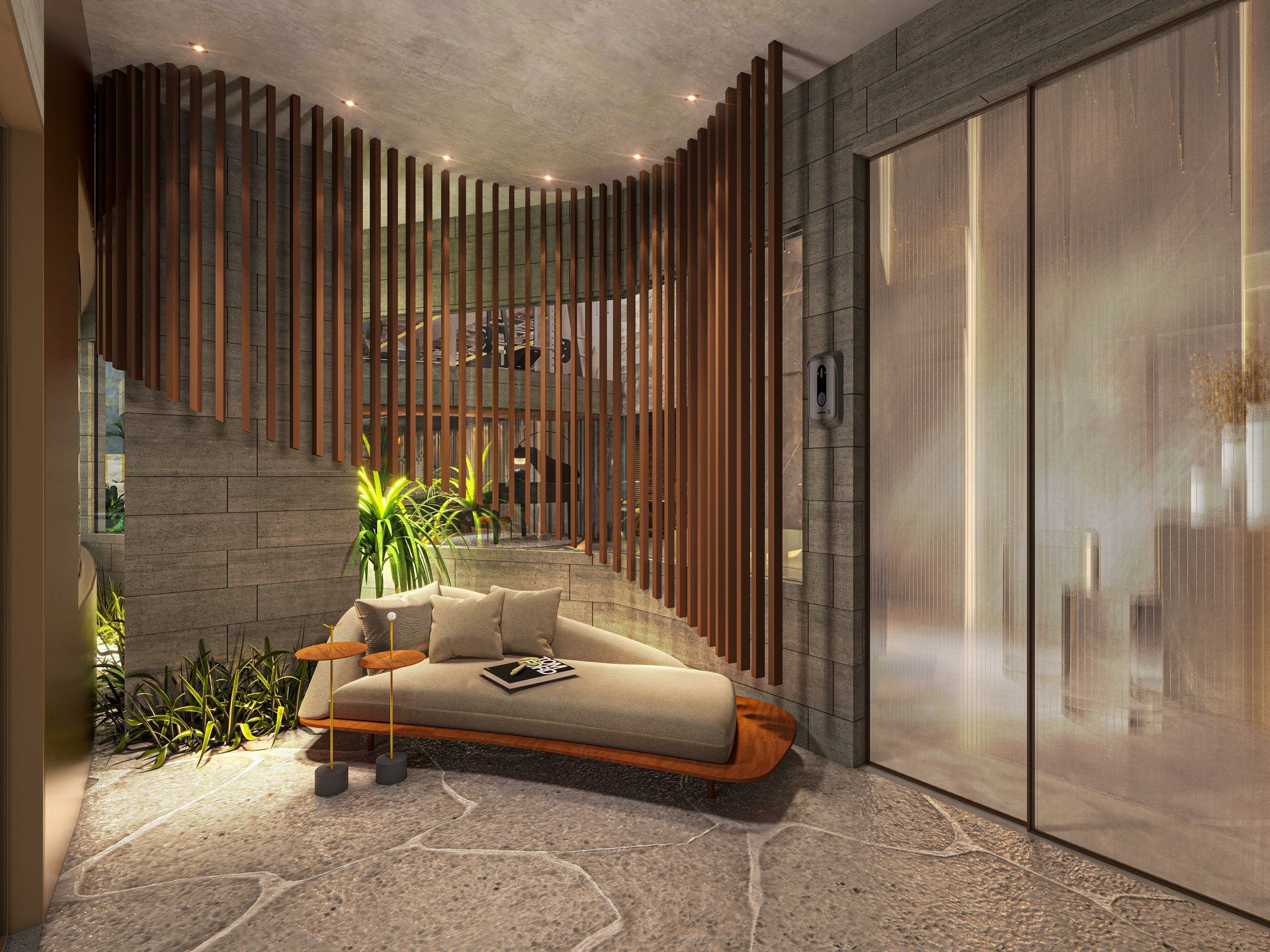 Hall de entrada sofisticado com sofá, ripas de madeira e jardim interno