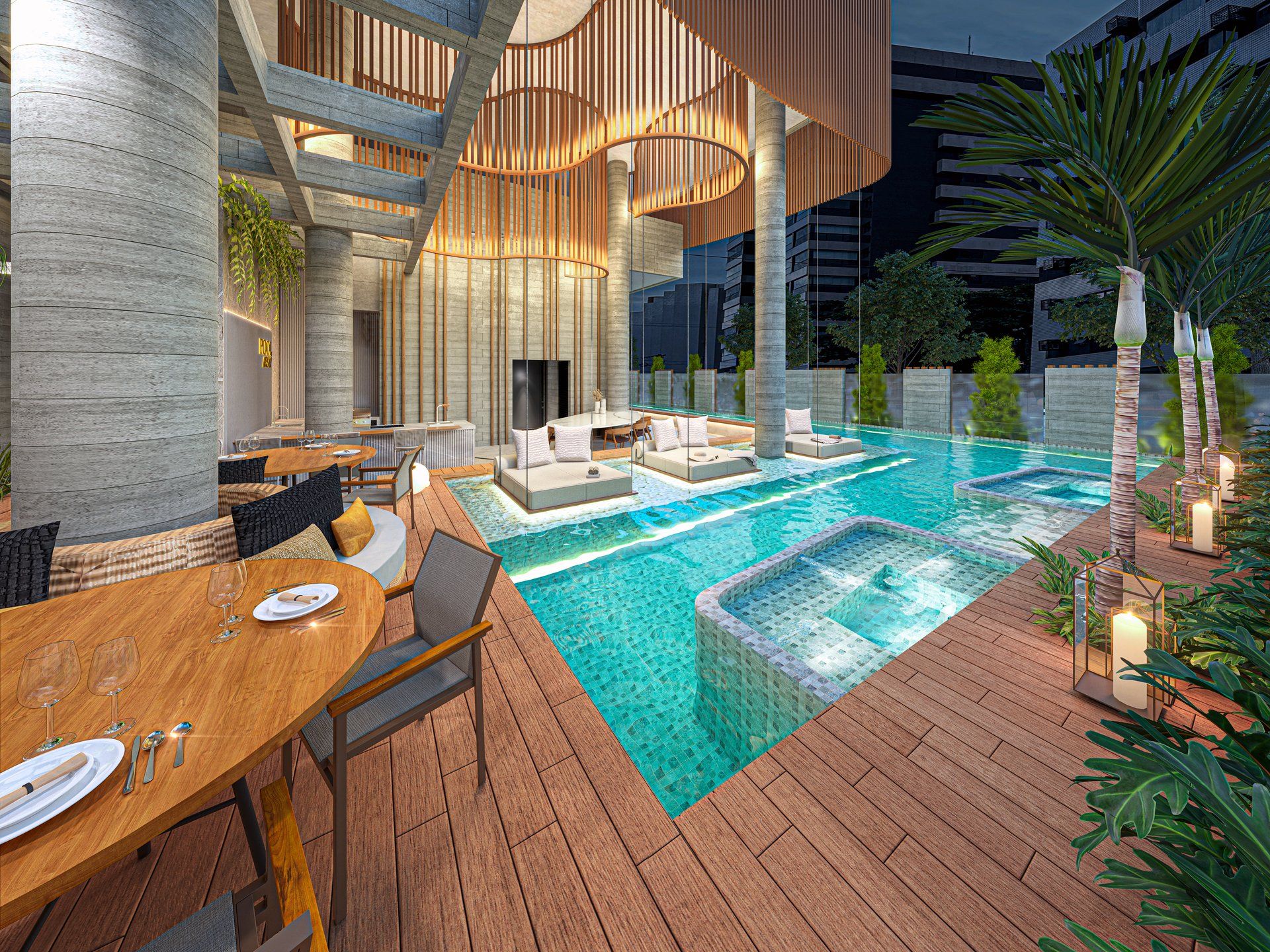 Piscina com deck de madeira, área de descanso e espaço gourmet ao ar livre