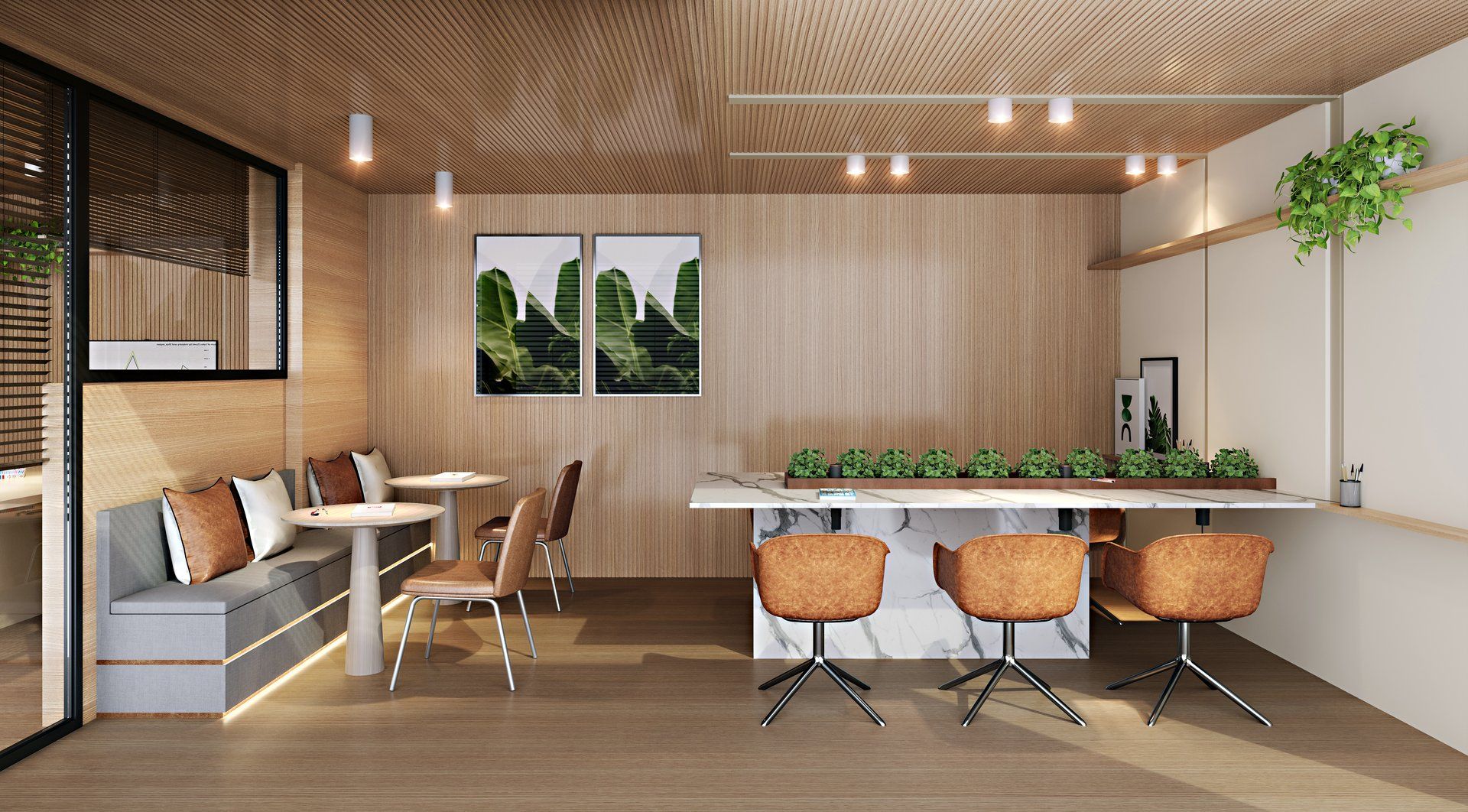 Espaço de coworking com mesas em mármore e ambientação em madeira