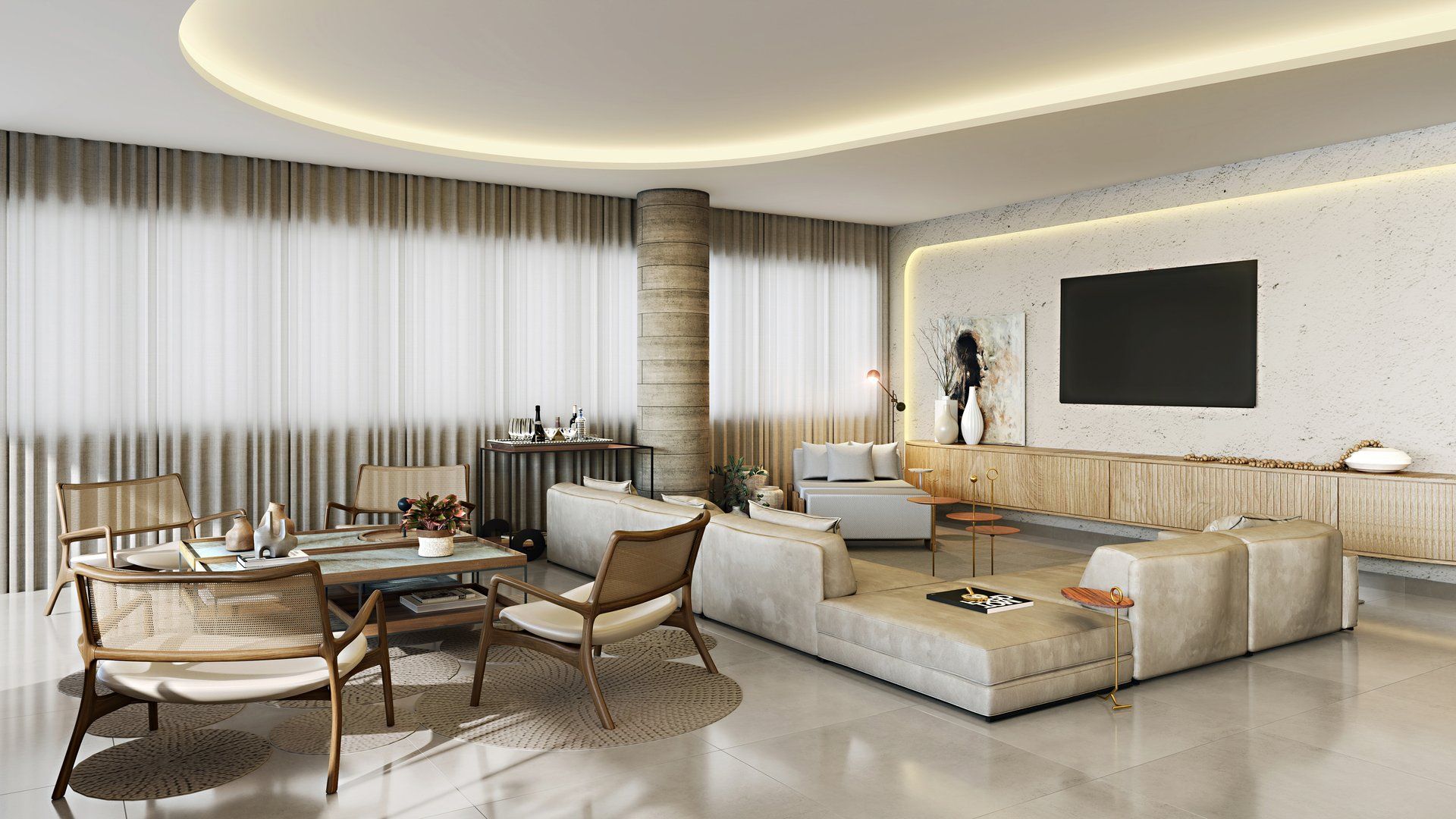 Sala de estar ampla com sofá modular, poltronas e painel de TV
