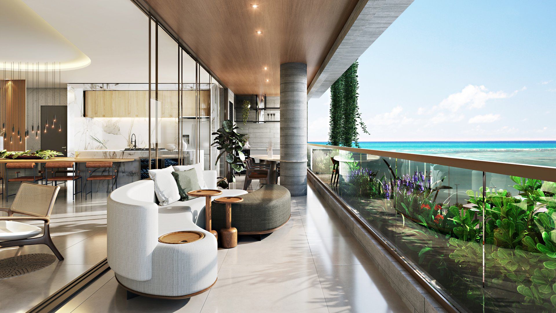 Varanda gourmet integrada à sala com vista para o mar