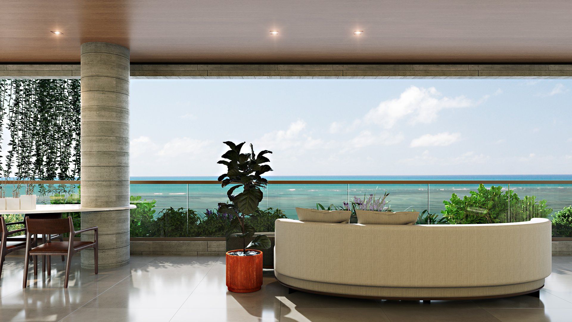 Varanda ampla com sofá curvo e vista panorâmica para o oceano