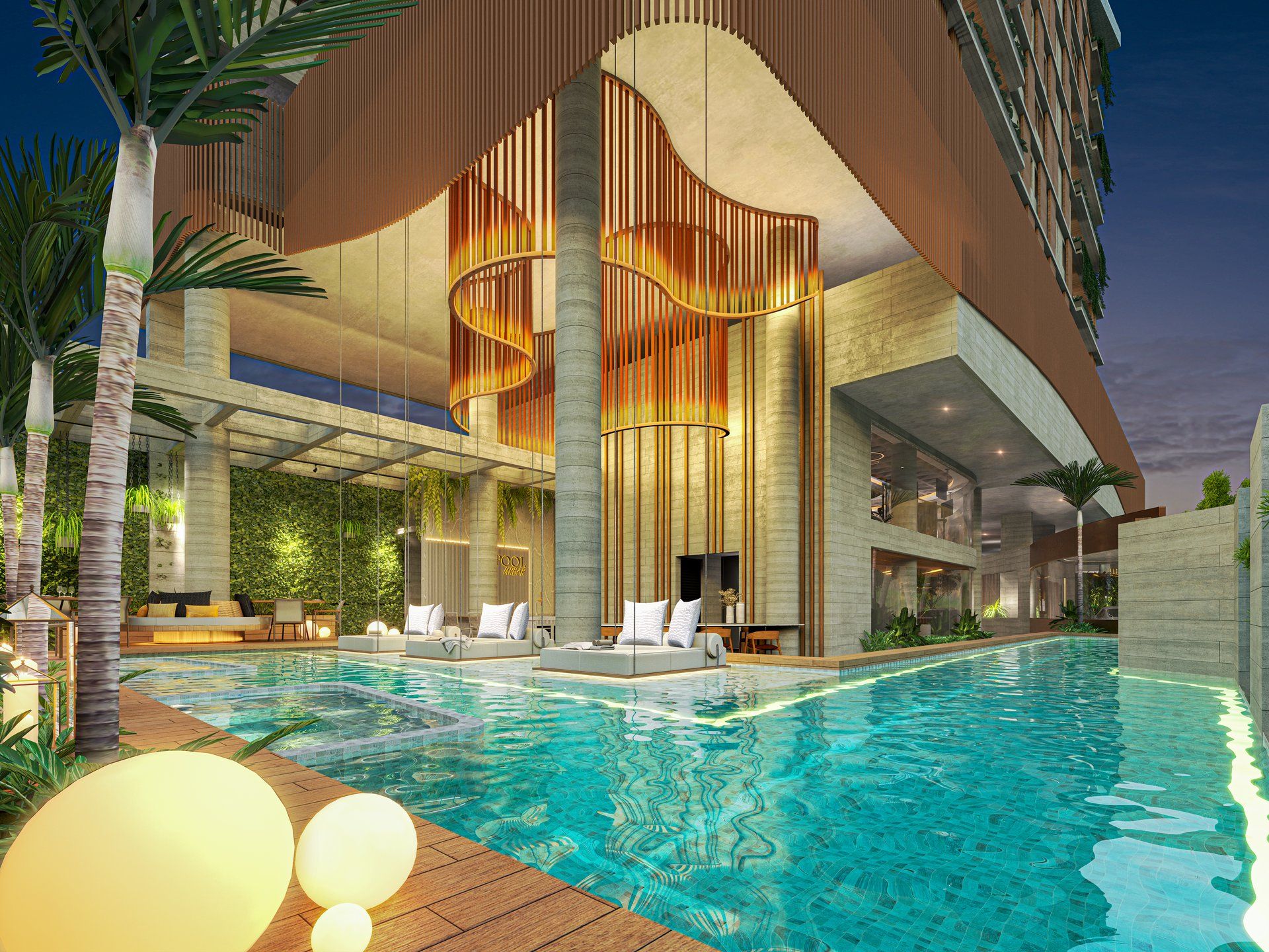 Piscina ampla com espreguiçadeiras flutuantes e paisagismo tropical