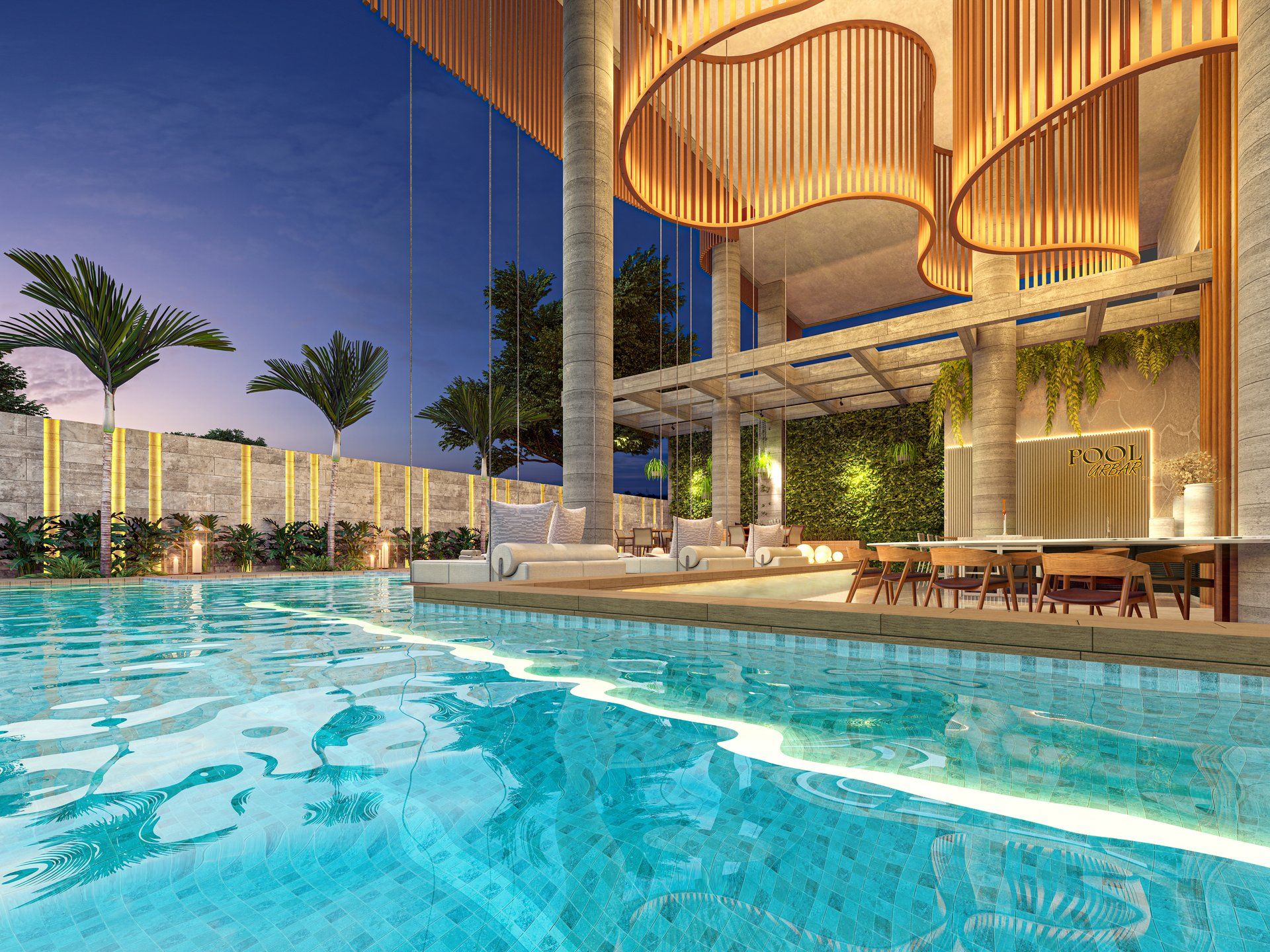 Piscina com área de lazer e pool bar iluminados à noite