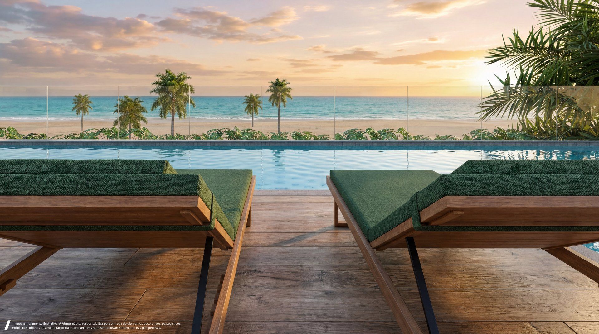 Deck com espreguiçadeiras e piscina infinity com vista panorâmica para a praia