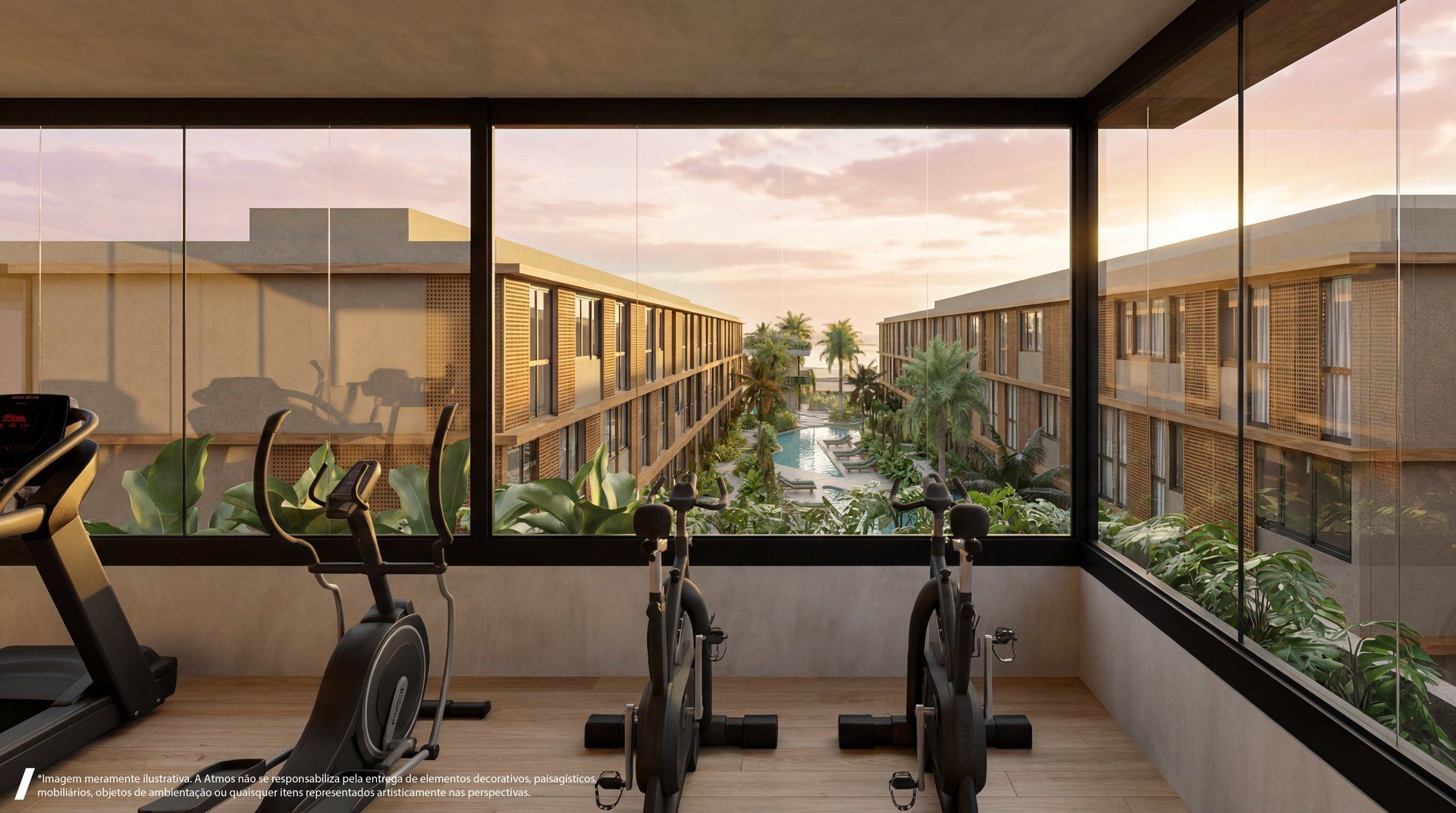 Academia com vista panorâmica para a piscina e jardins do condomínio