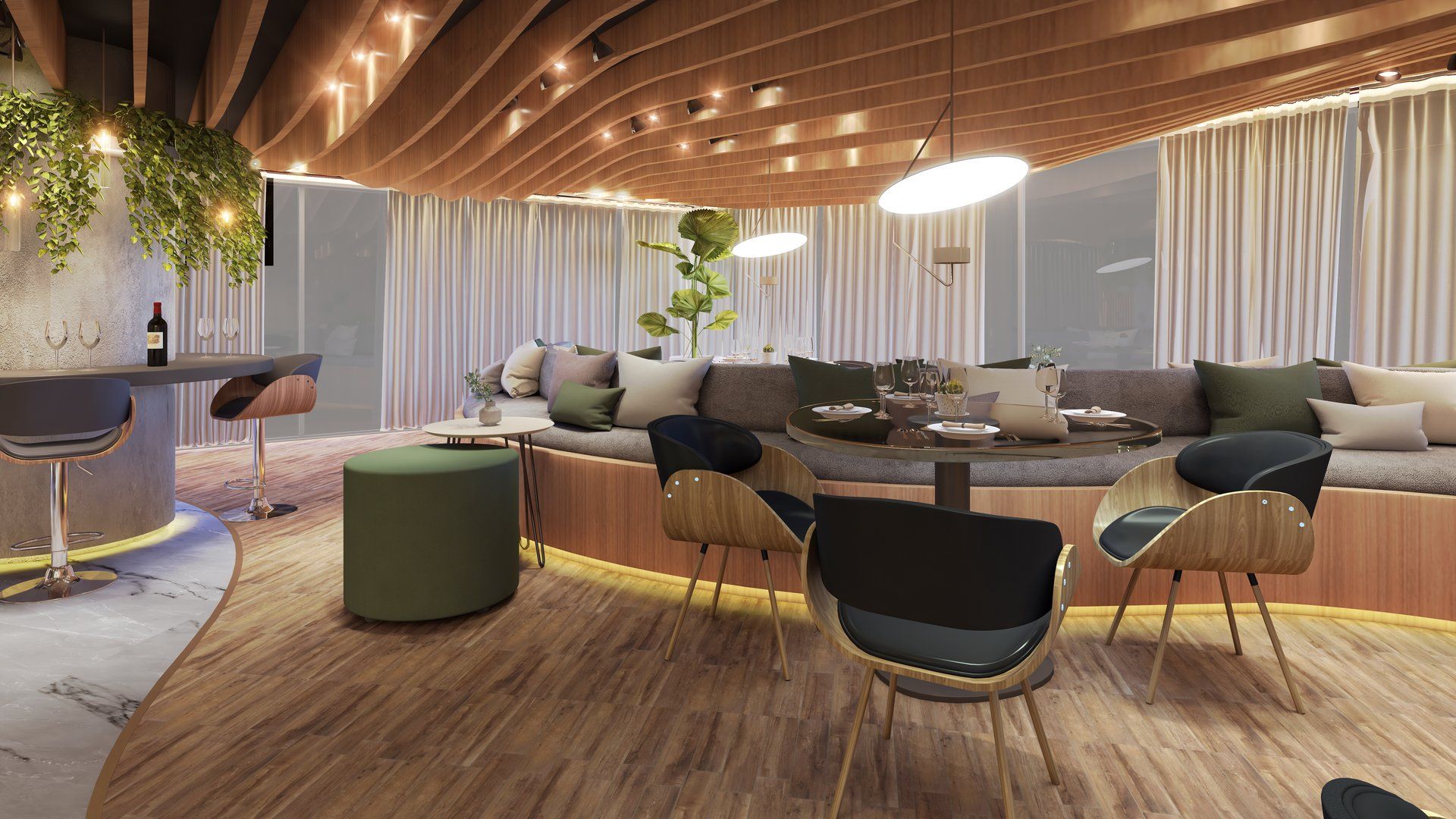Lounge gourmet com sofá curvo, mesas e bar com design requintado