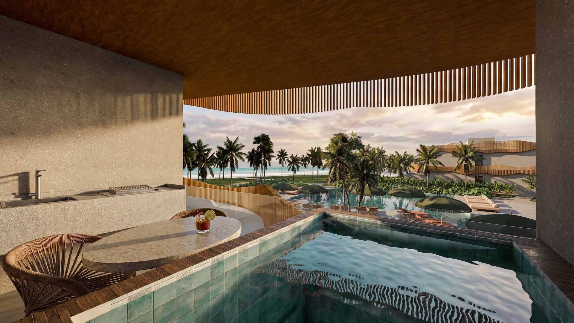 Varanda com piscina privativa ao entardecer