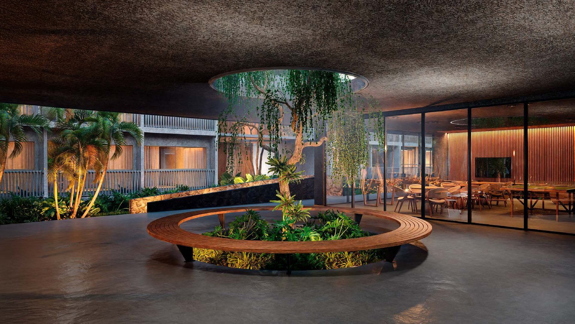 Recepção com jardim e estar