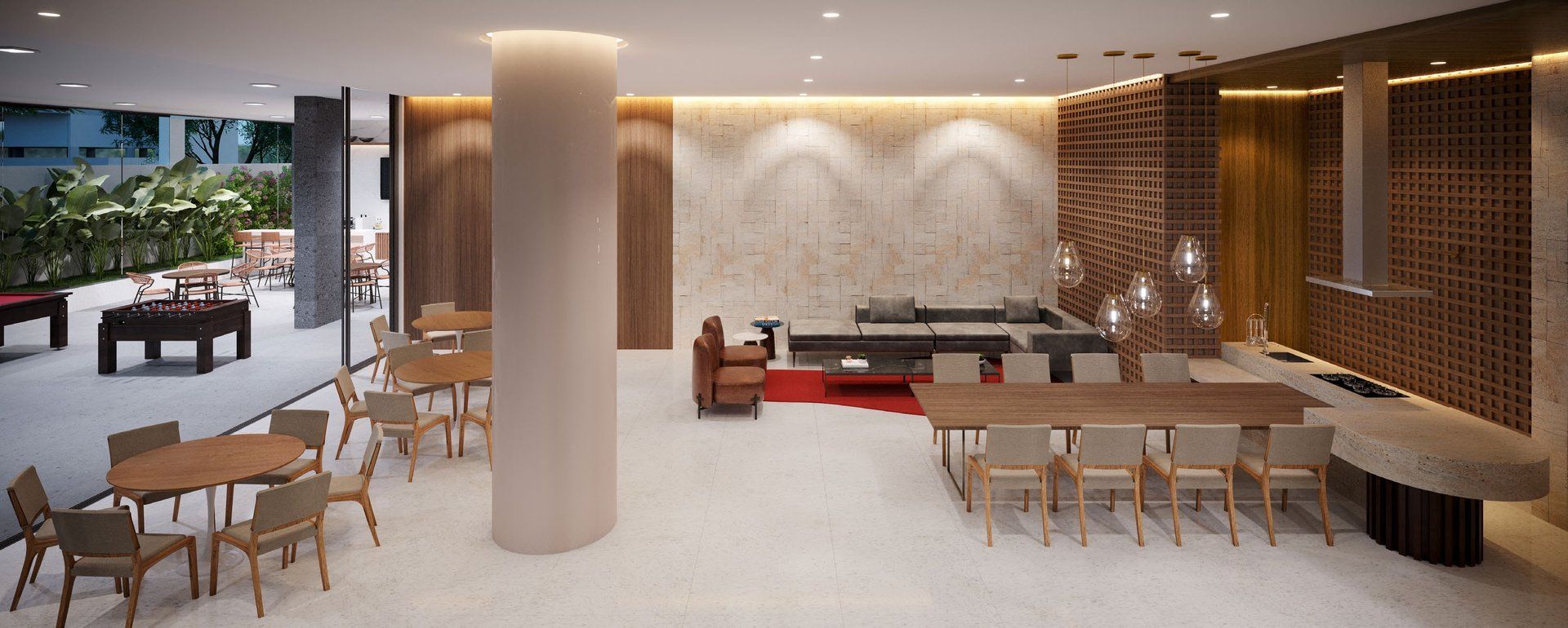 Lounge gourmet com mesas de convívio