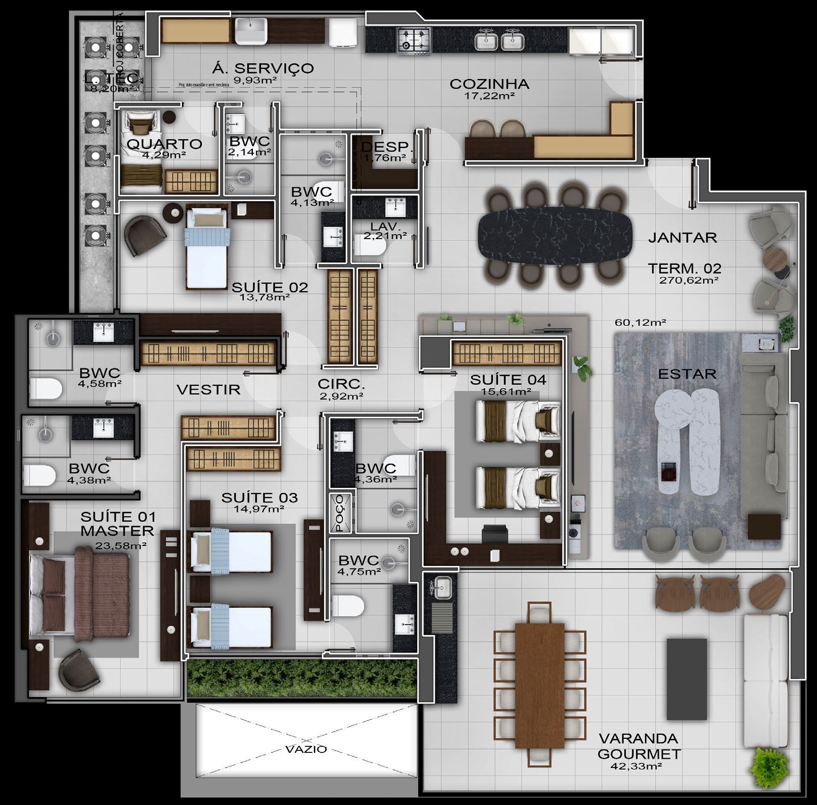 Planta Term. 02, 270,62 m², quatro suítes
