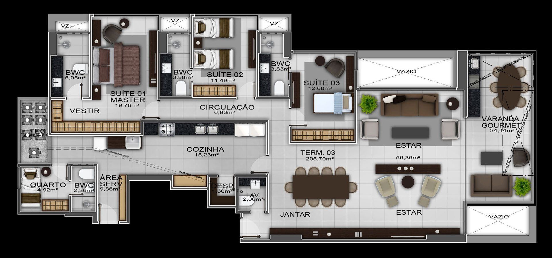 Planta Term. 03, 205,70 m², três suítes