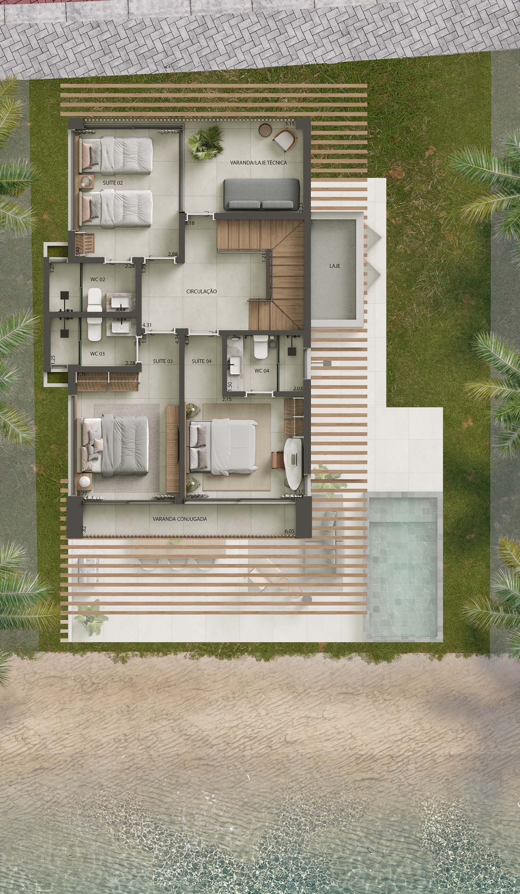 Planta Beach Lake, primeiro pavimento com quatro suítes