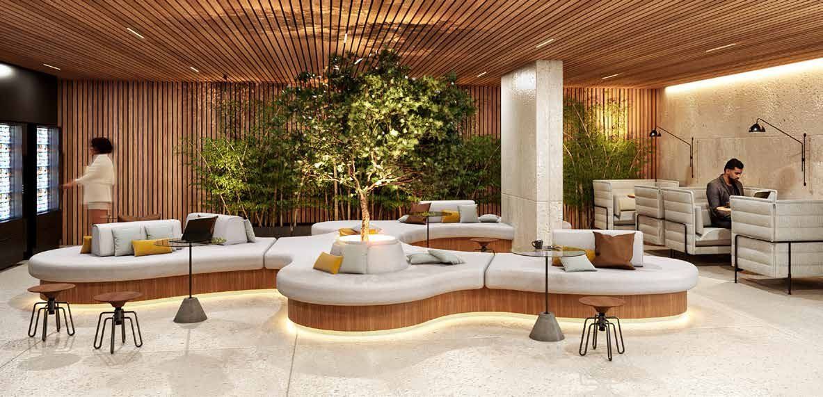 Lounge de convivência com mobiliário curvo e jardim central