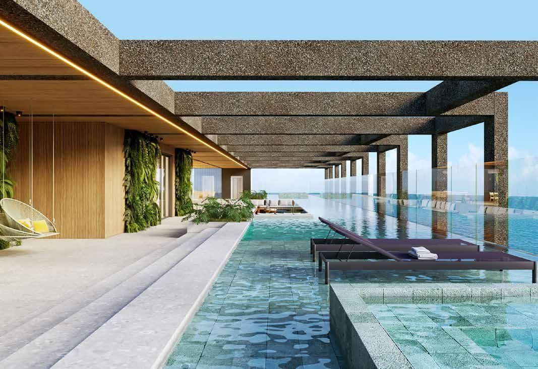 Piscina da cobertura com prainha, espreguiçadeiras e jardim suspenso
