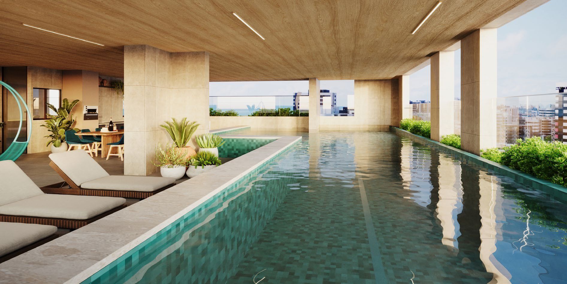 Piscina aquecida com deck e vista para o mar