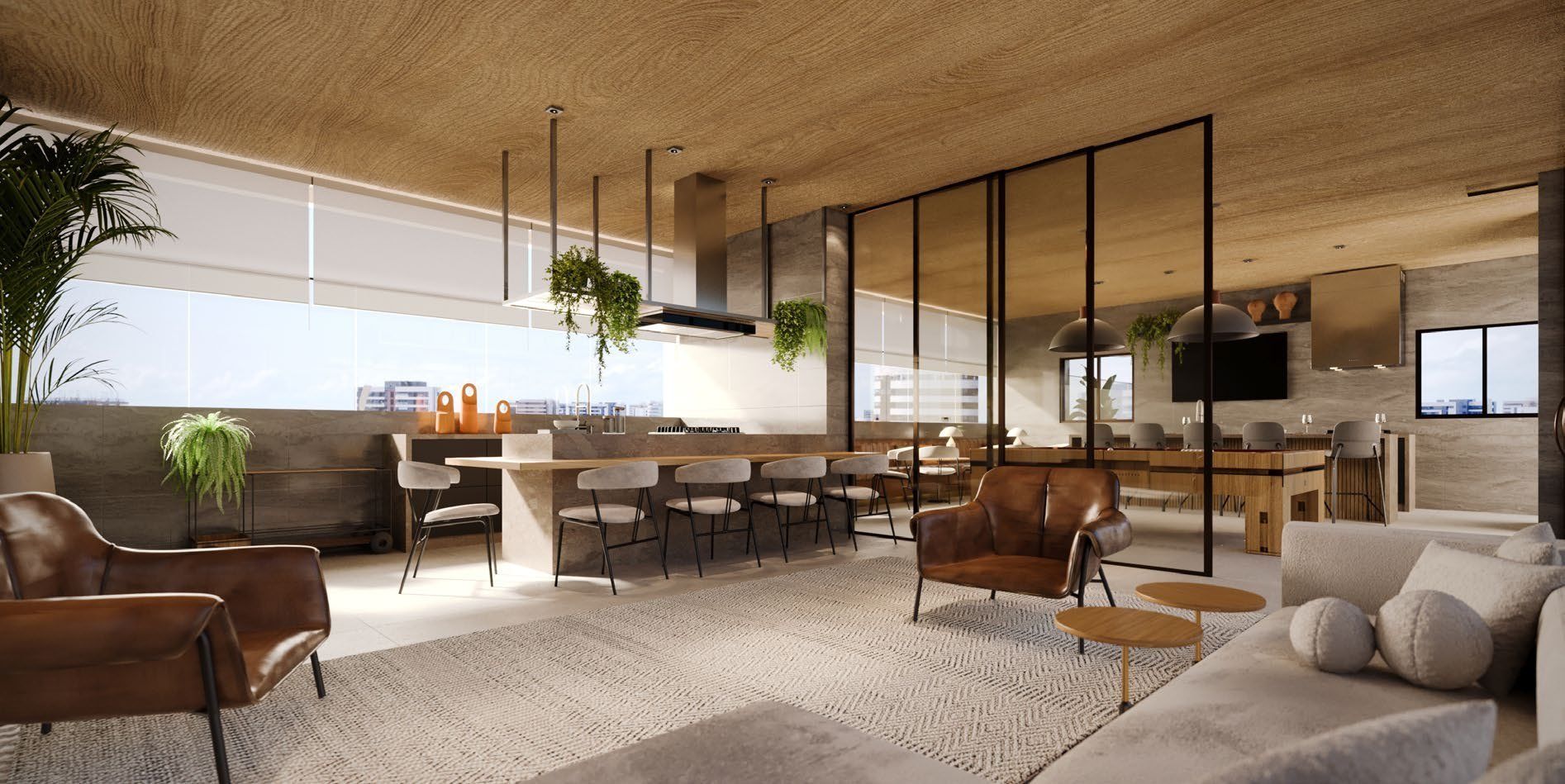 Área gourmet integrada com lounge e cozinha