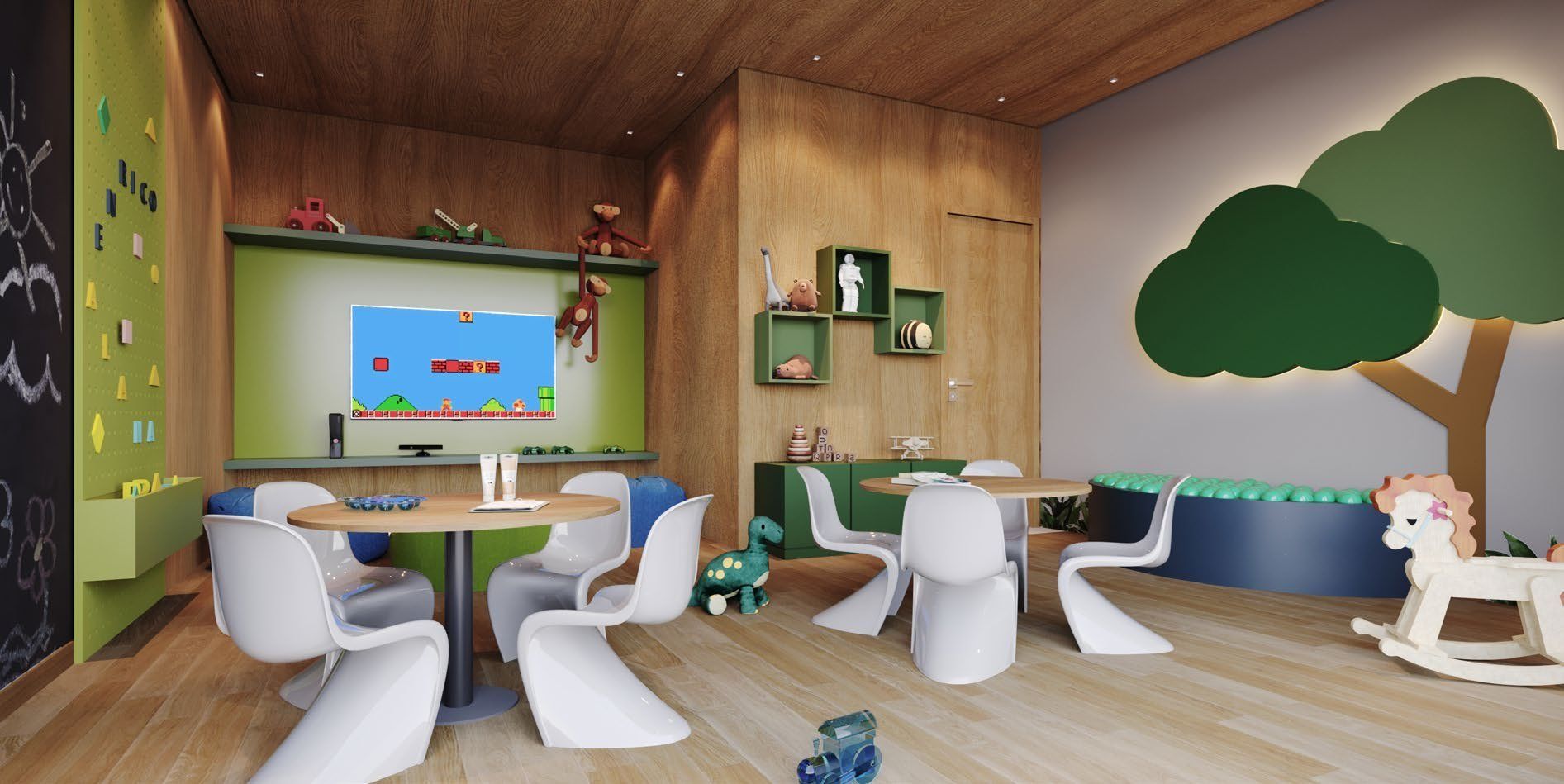 Espaço kids com área de jogos e brinquedos