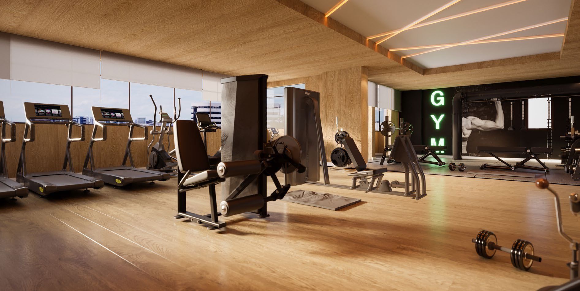 Espaço fitness equipado com vista para a cidade