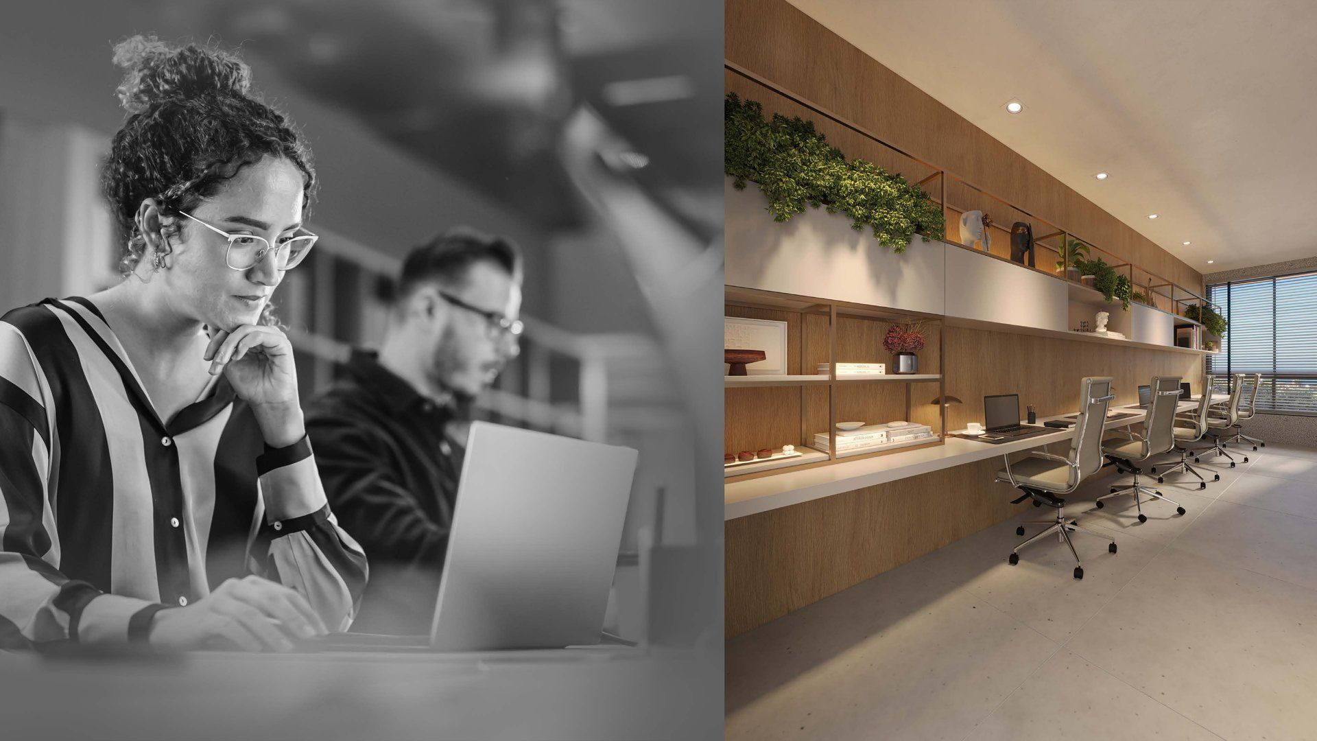 Coworking com mobiliário contemporâneo