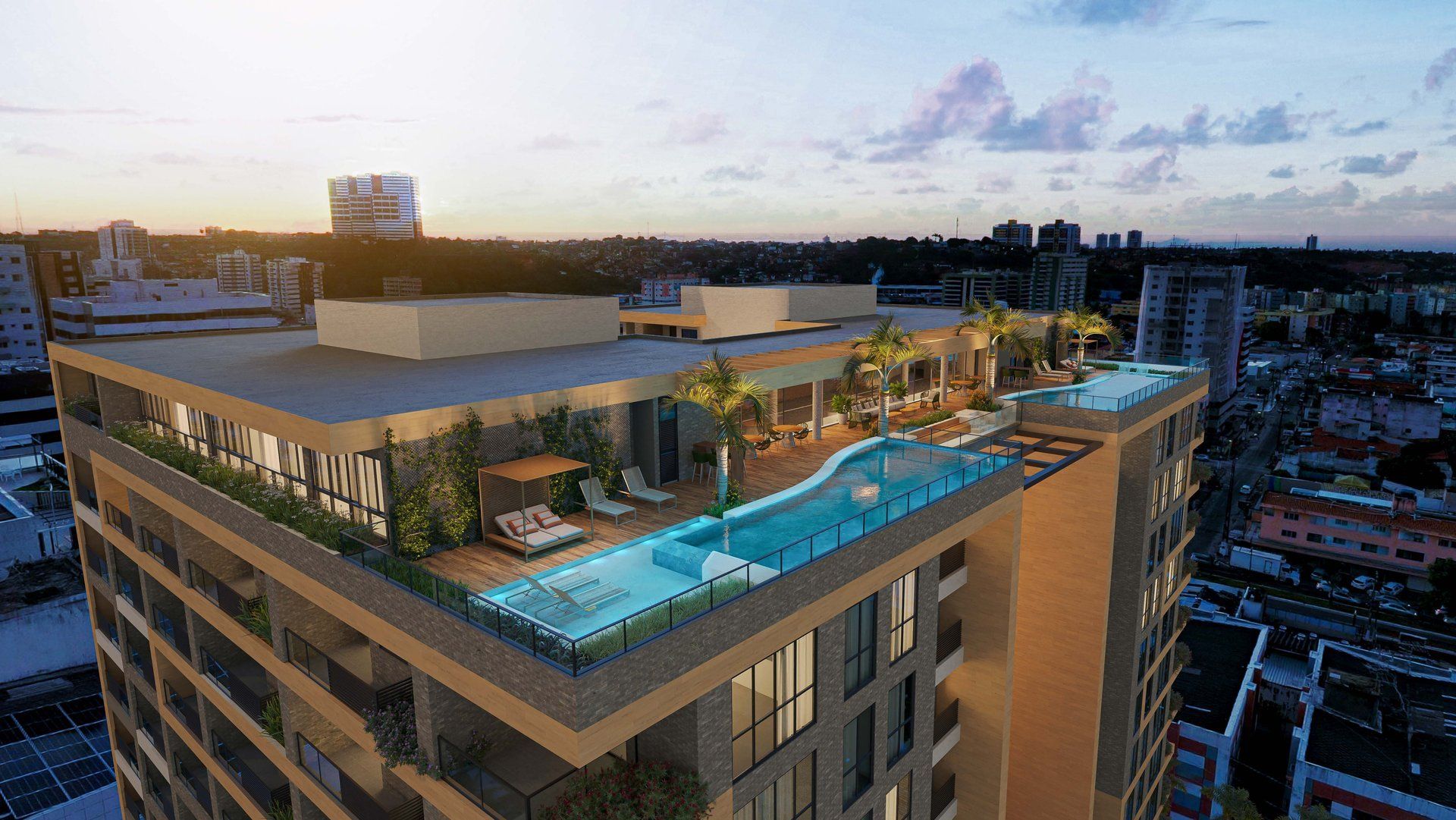 Vista aérea da cobertura com as piscinas e o skyline de Maceió