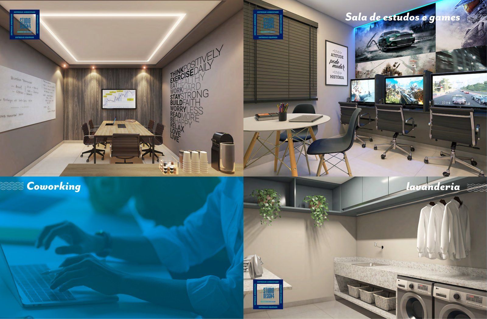 Coworking, sala de estudos e games e lavanderia