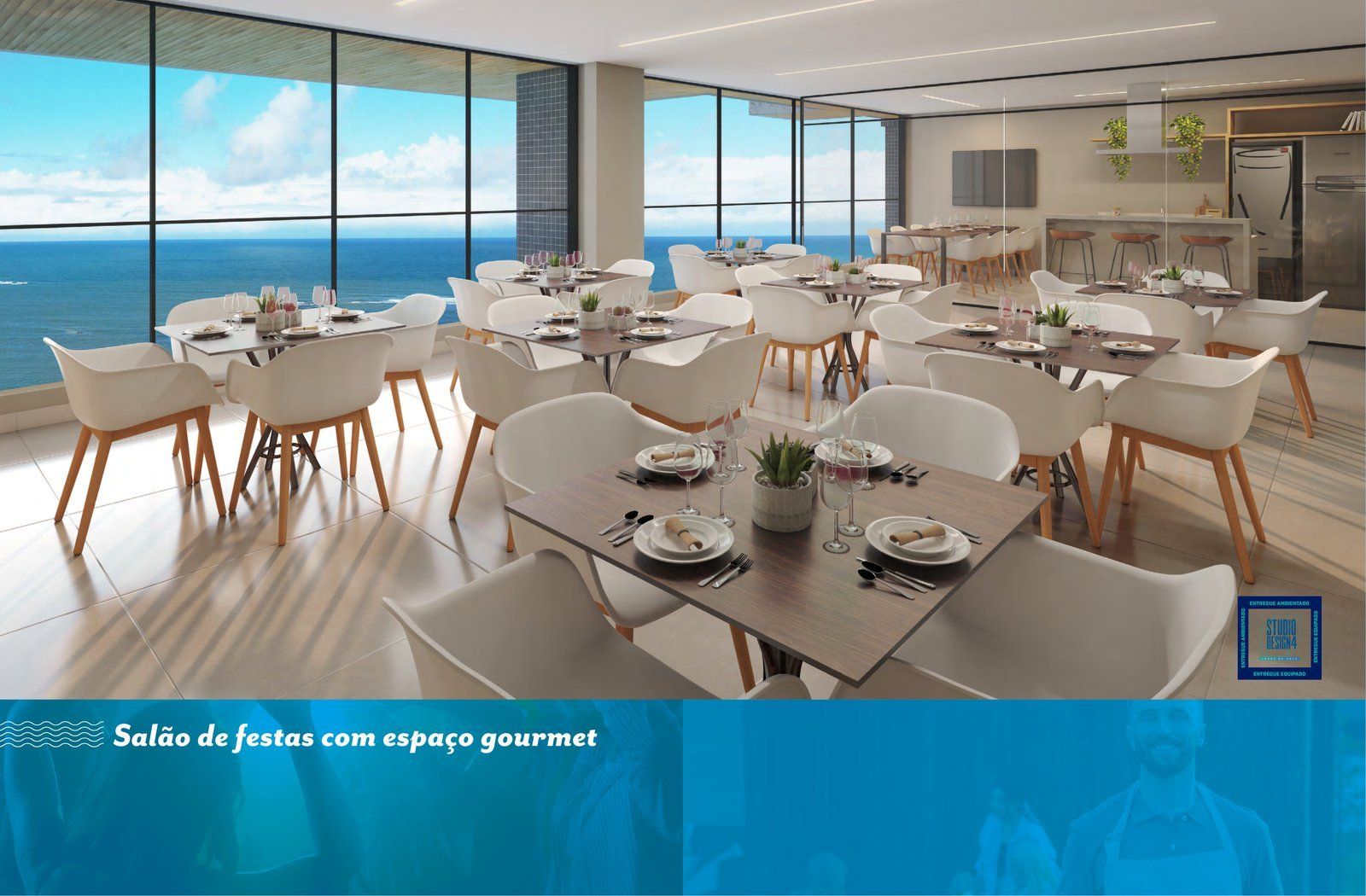 Salão de festas com espaço gourmet