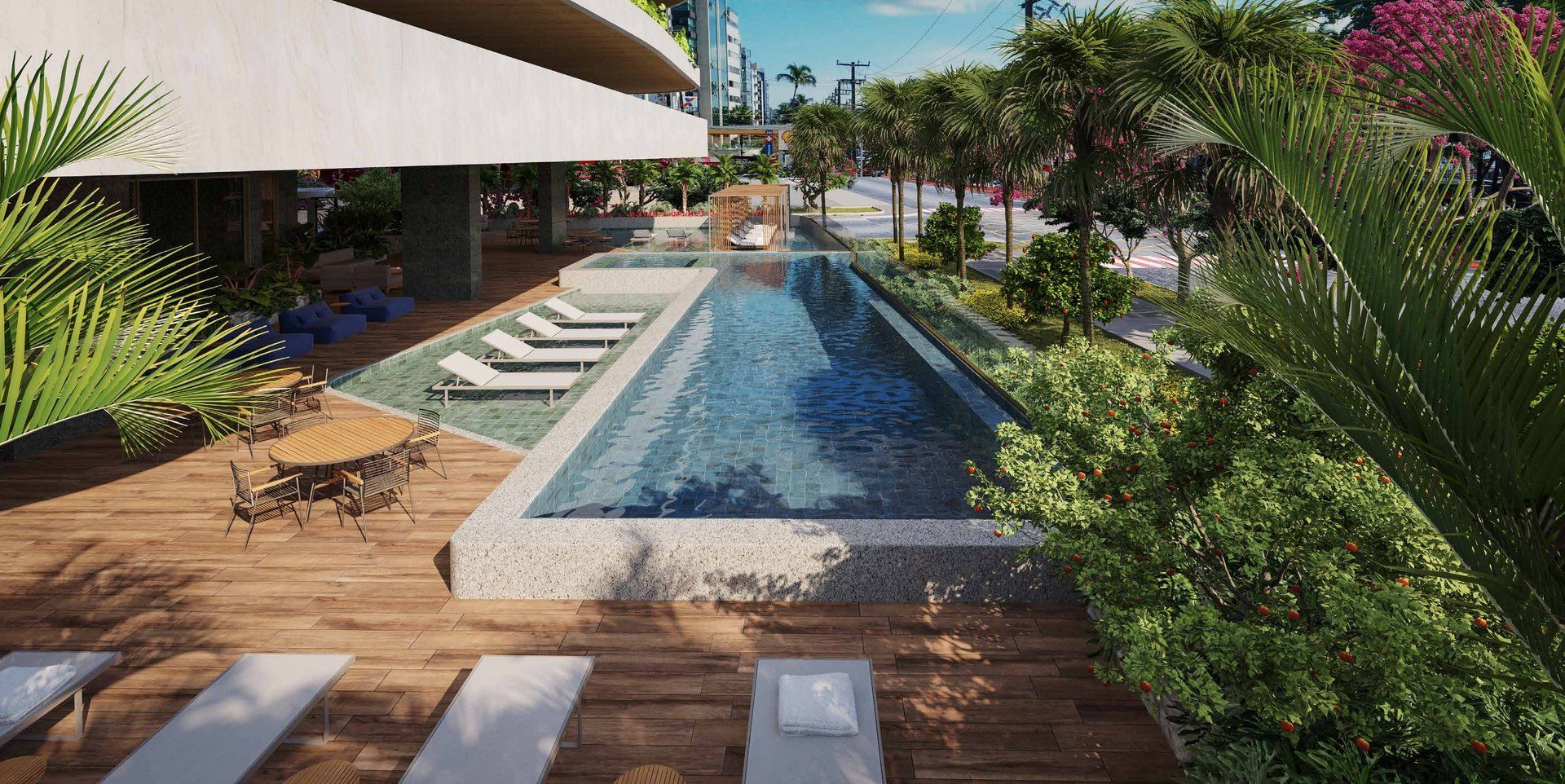 Solário e área de piscinas