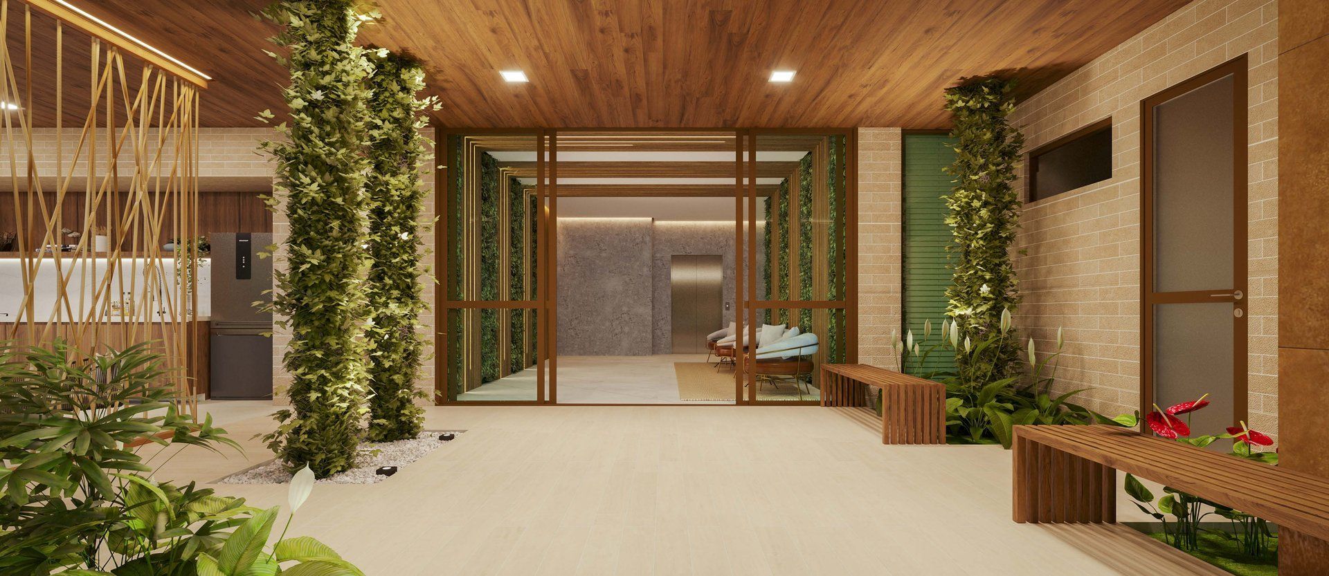 Estar social com jardim vertical e natureza em todos os detalhes