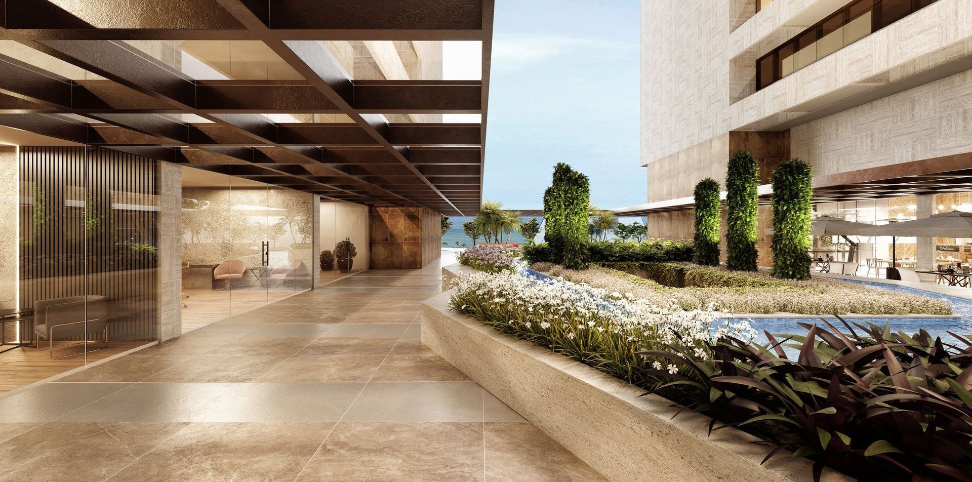 Foyer integrado à praça e ao espaço multiuso
