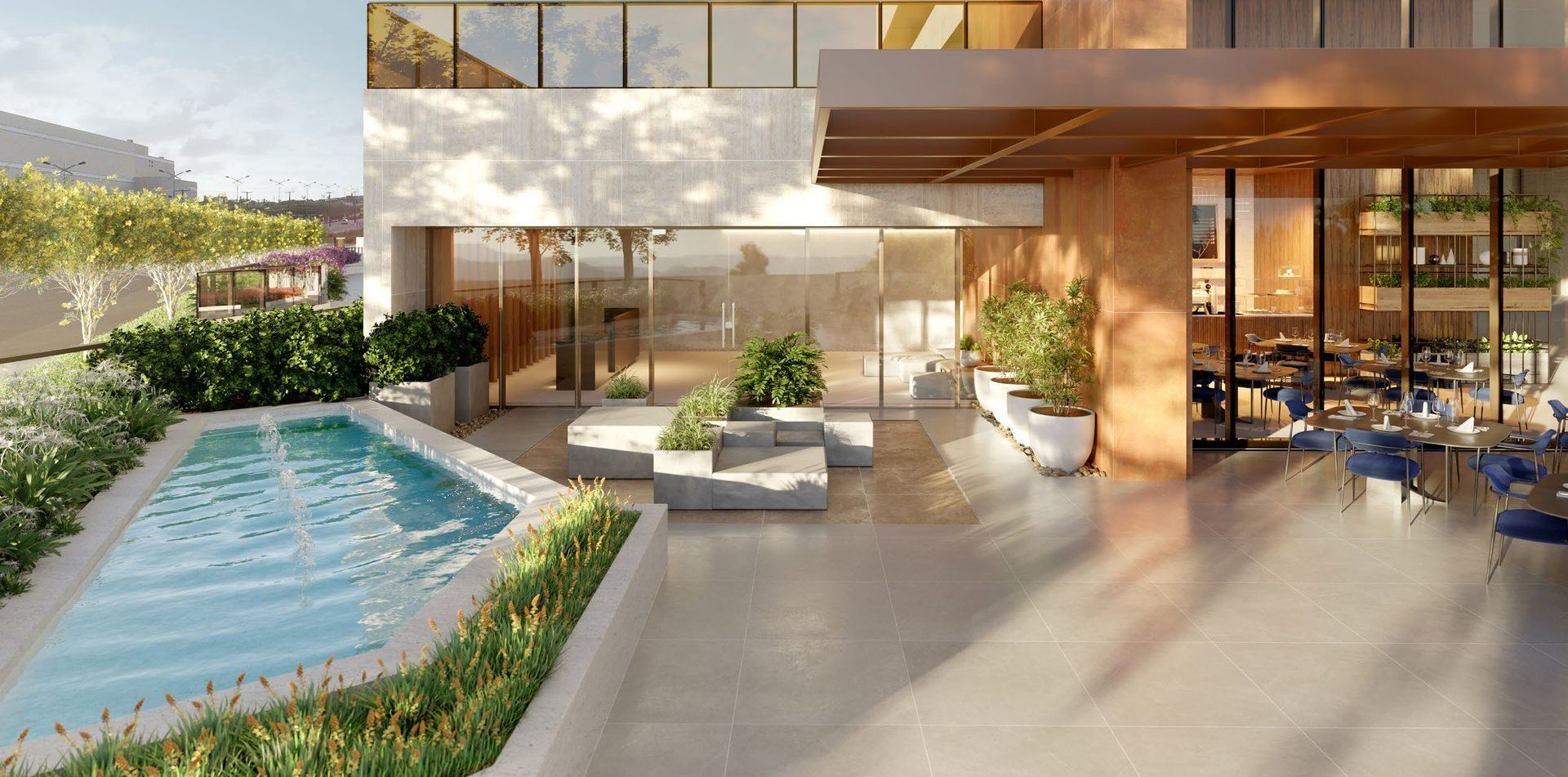 Terraço com área de convivência e piscina