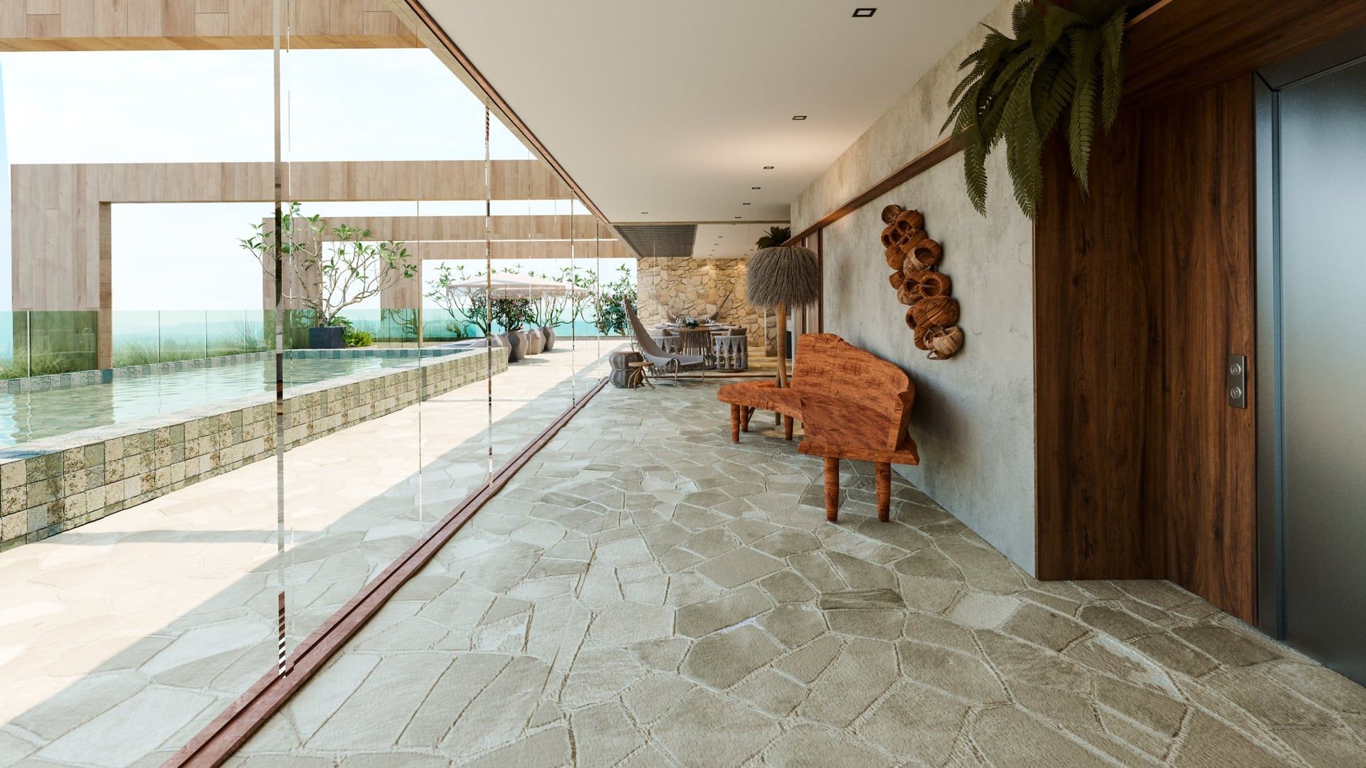 Deck da piscina no rooftop, com lounge e vista para o mar.