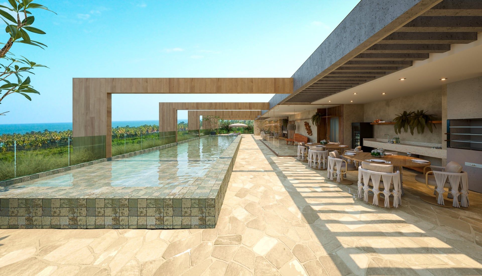 Piscina do rooftop e espaço gourmet, com vista para o mar do Francês.