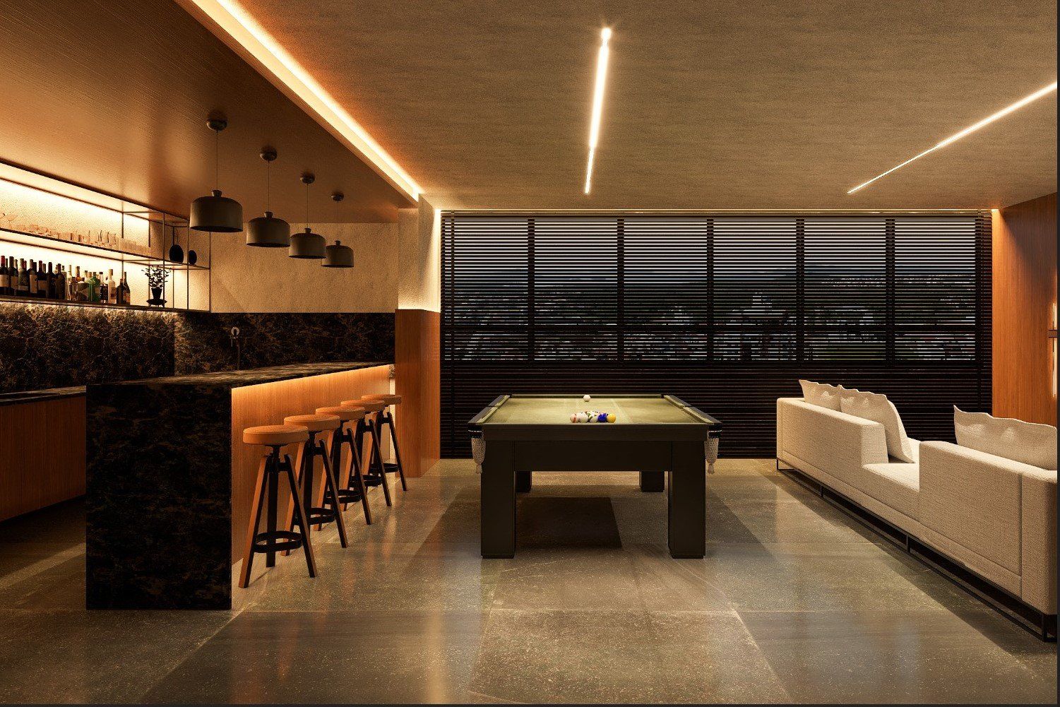 Lounge bar com sinuca e vista da cidade.