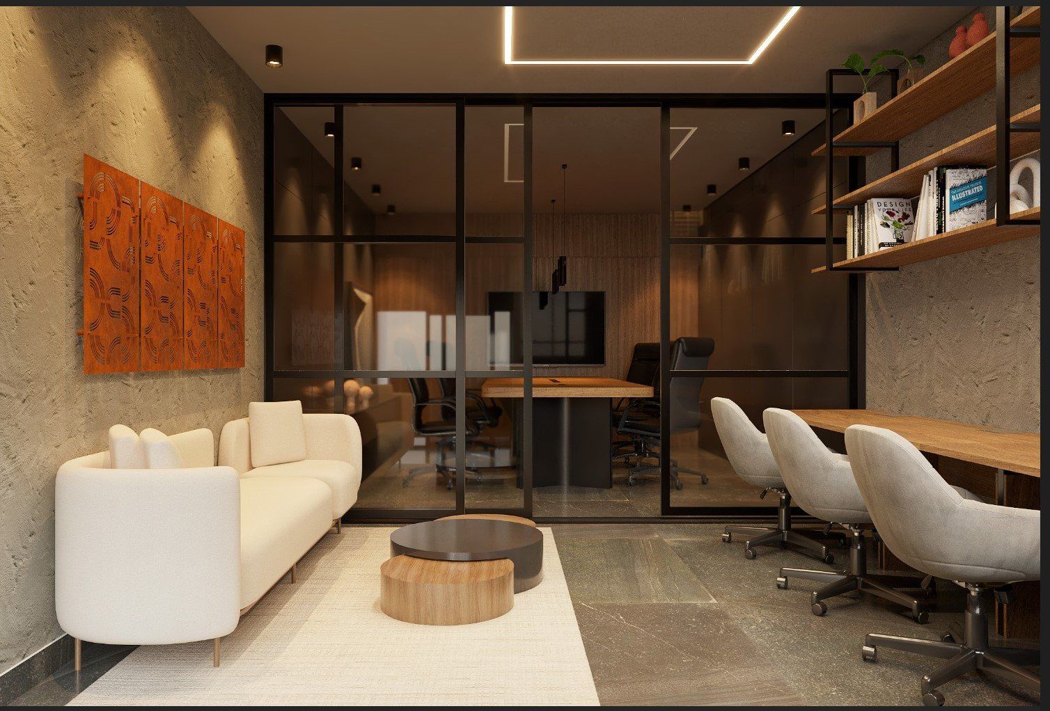 Coworking com sala de reunião.