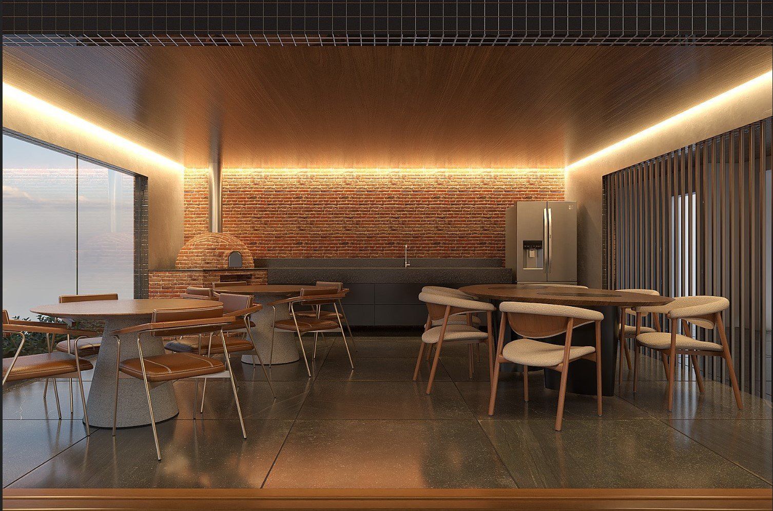 Espaço gourmet com forno de pizza.