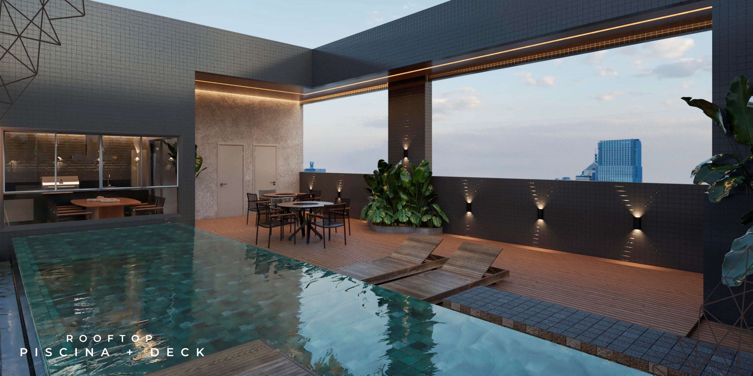 Piscina na cobertura, com vista da cidade (perspectiva ilustrada)