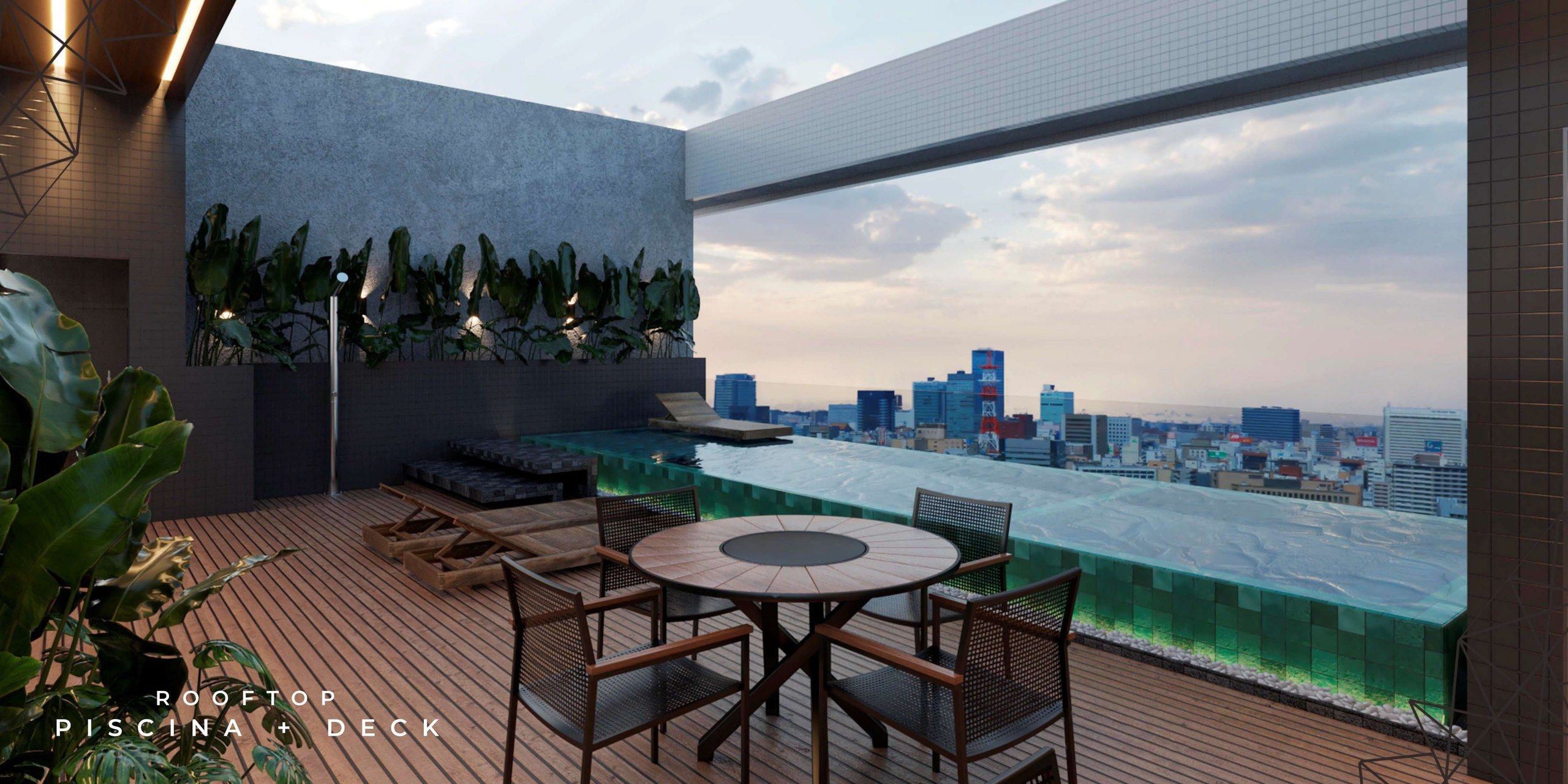 Deck da piscina e espaço de convivência na cobertura (perspectiva ilustrada)