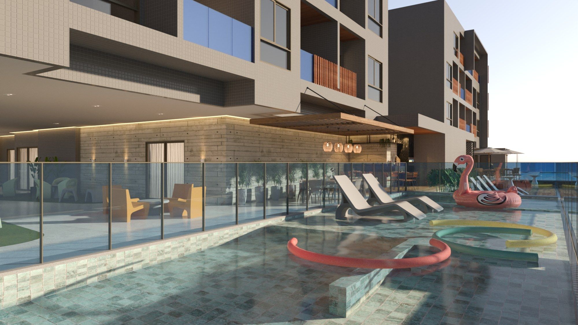 Piscina de lazer com deck.