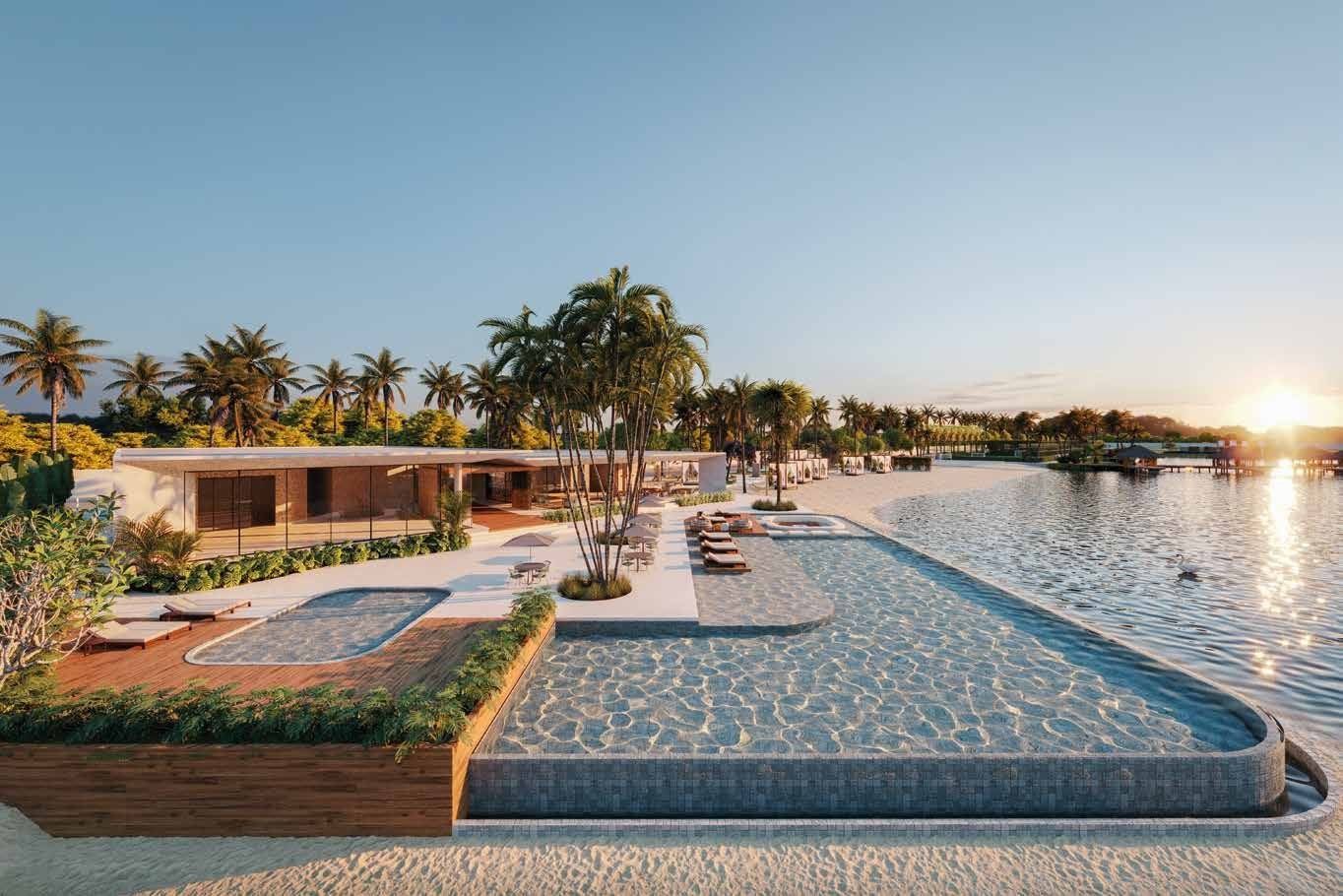 Piscinas e lago com palmeiras