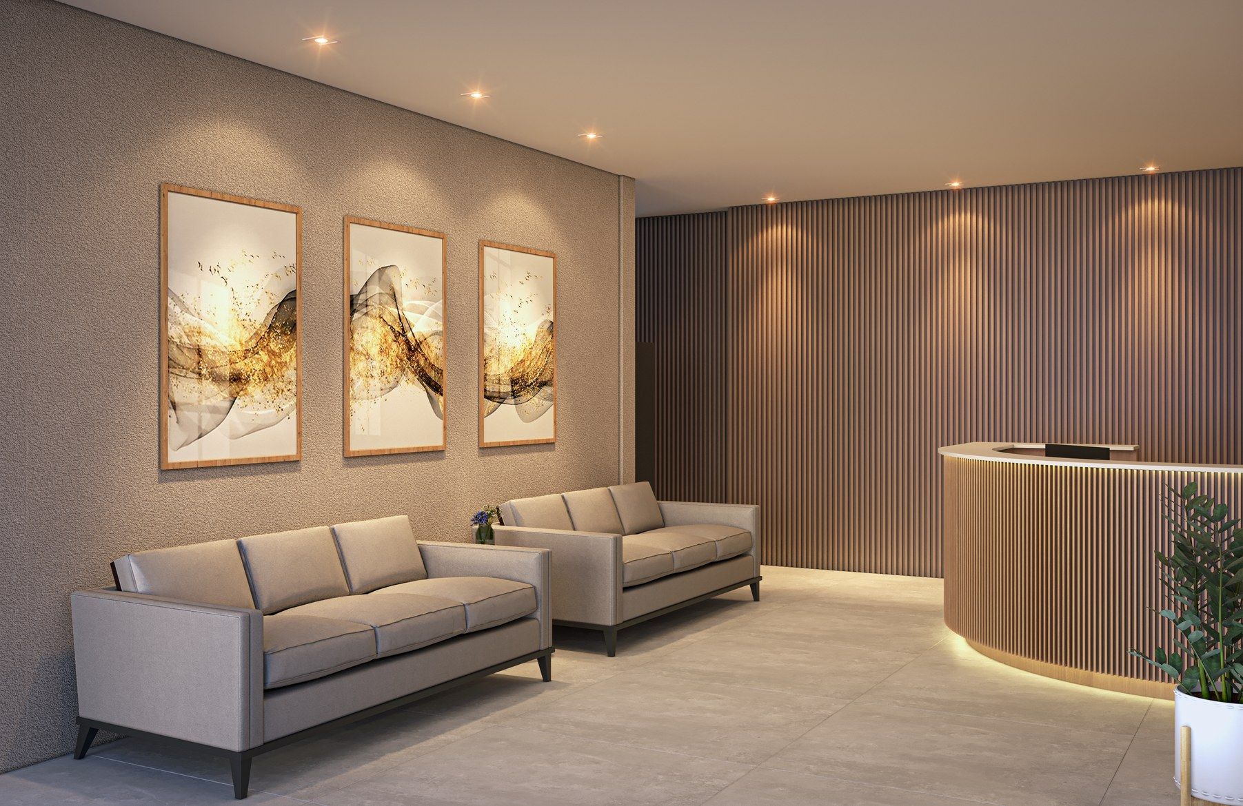 Hall de entrada com recepção sofisticada e área de espera