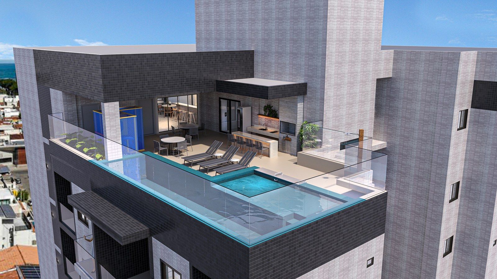 Rooftop com piscina infinity, área de descanso e espaço gourmet
