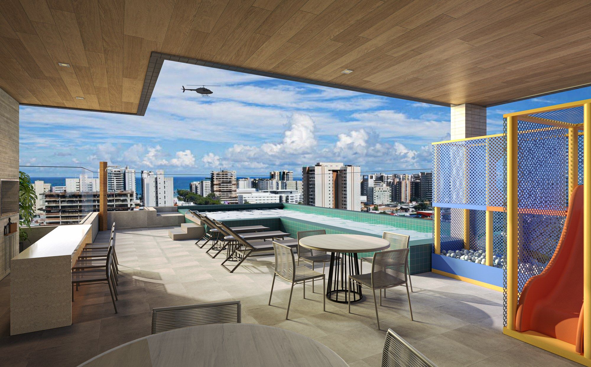 Rooftop com piscina, área gourmet e espaço kids