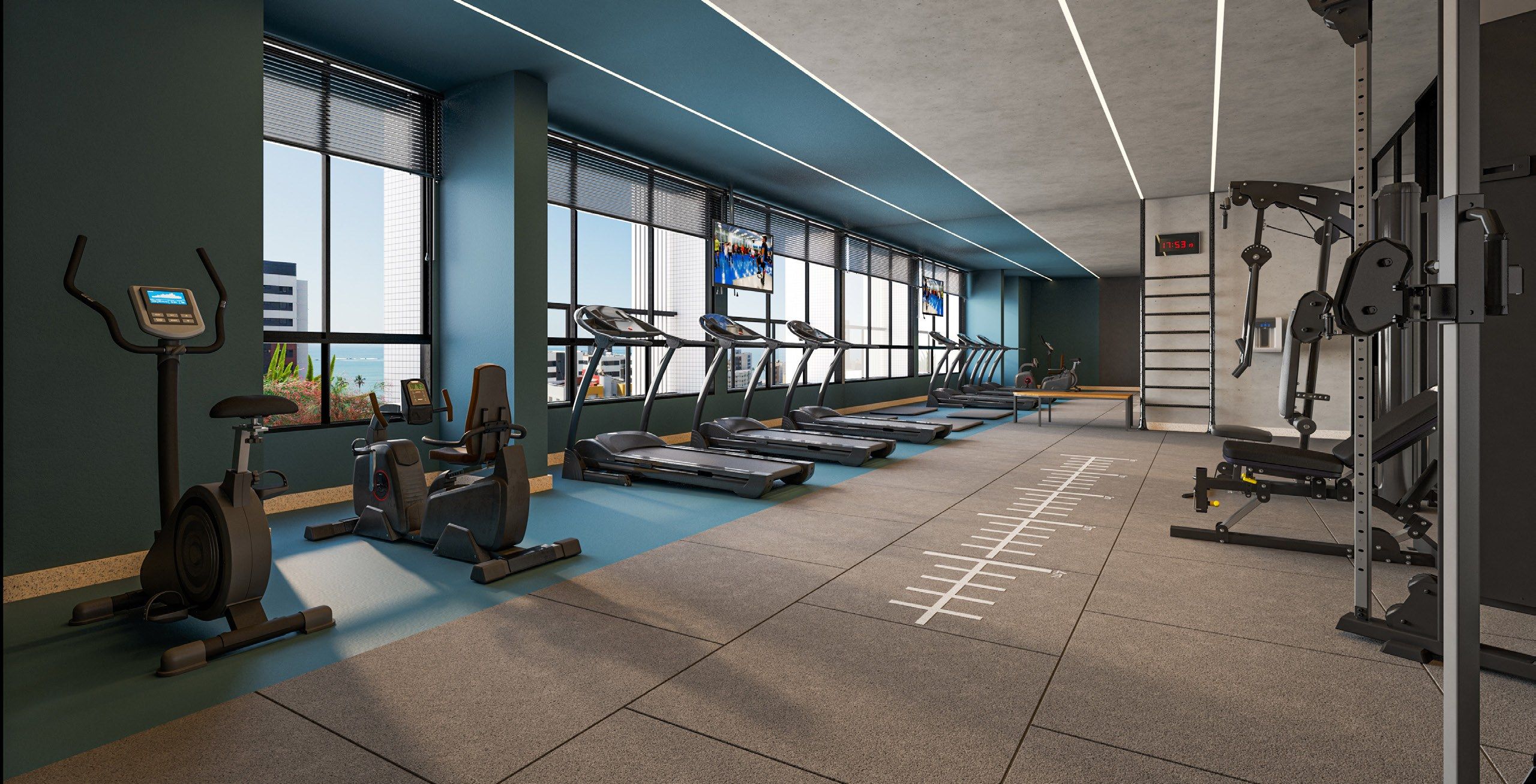 Academia completa com equipamentos modernos e vista panorâmica